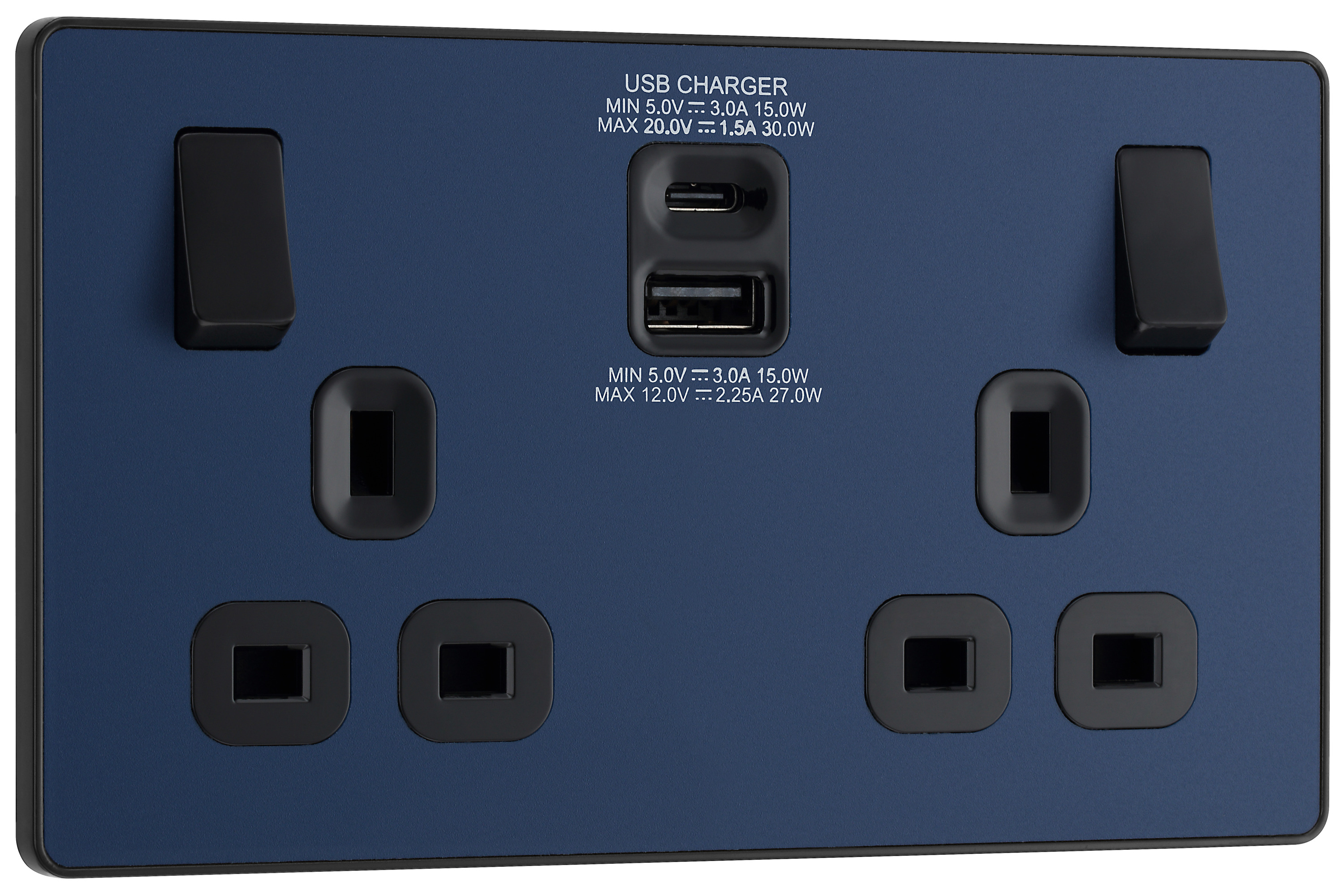 Image of BG Evolve Matt Blue 13A Double Switched Power Socket with USB C (30W) & USB A (2.1A)