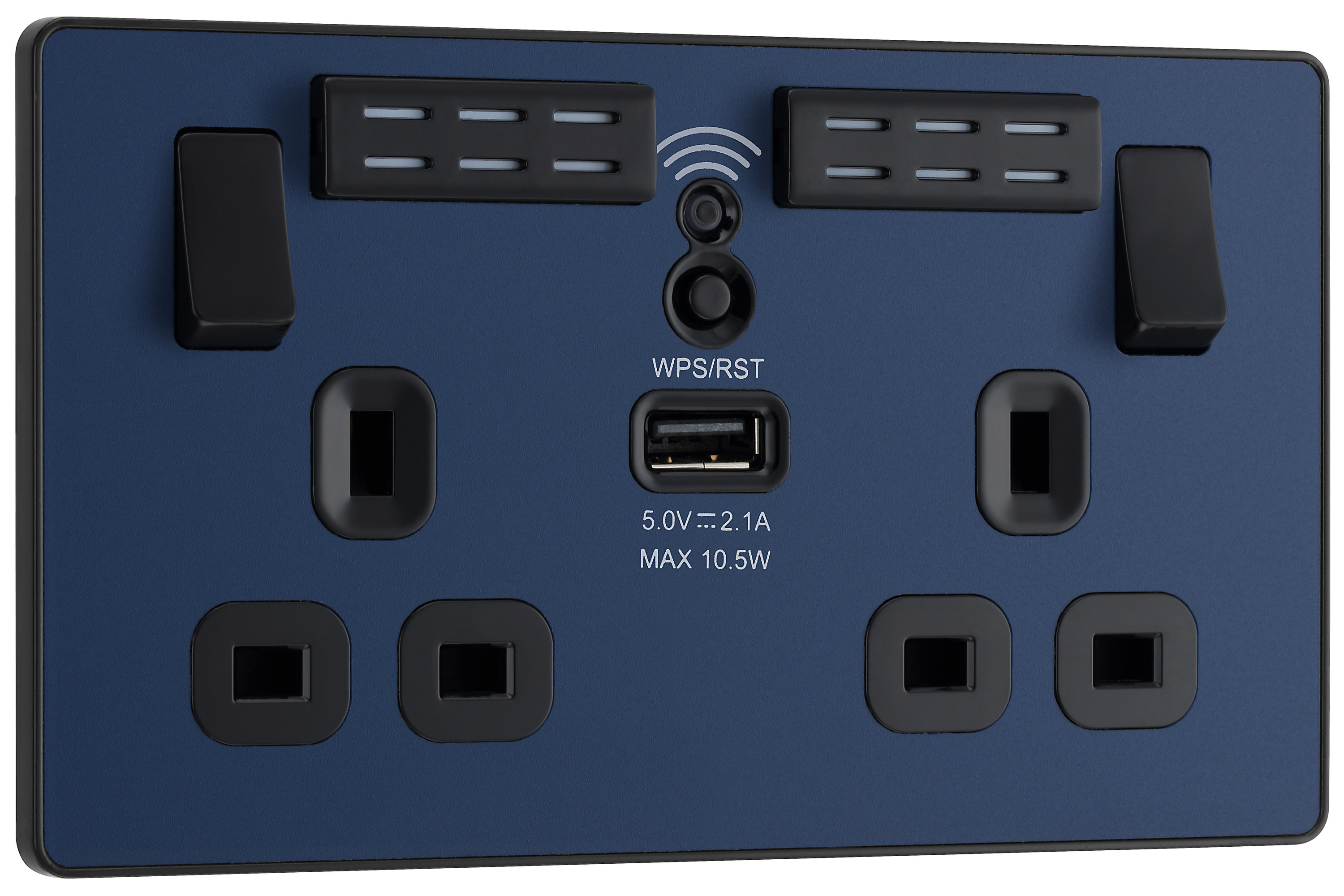 Image of BG Evolve Matt Blue 13A Wifi Extender Double Switched Power Socket & 1 x USB (2.1A)