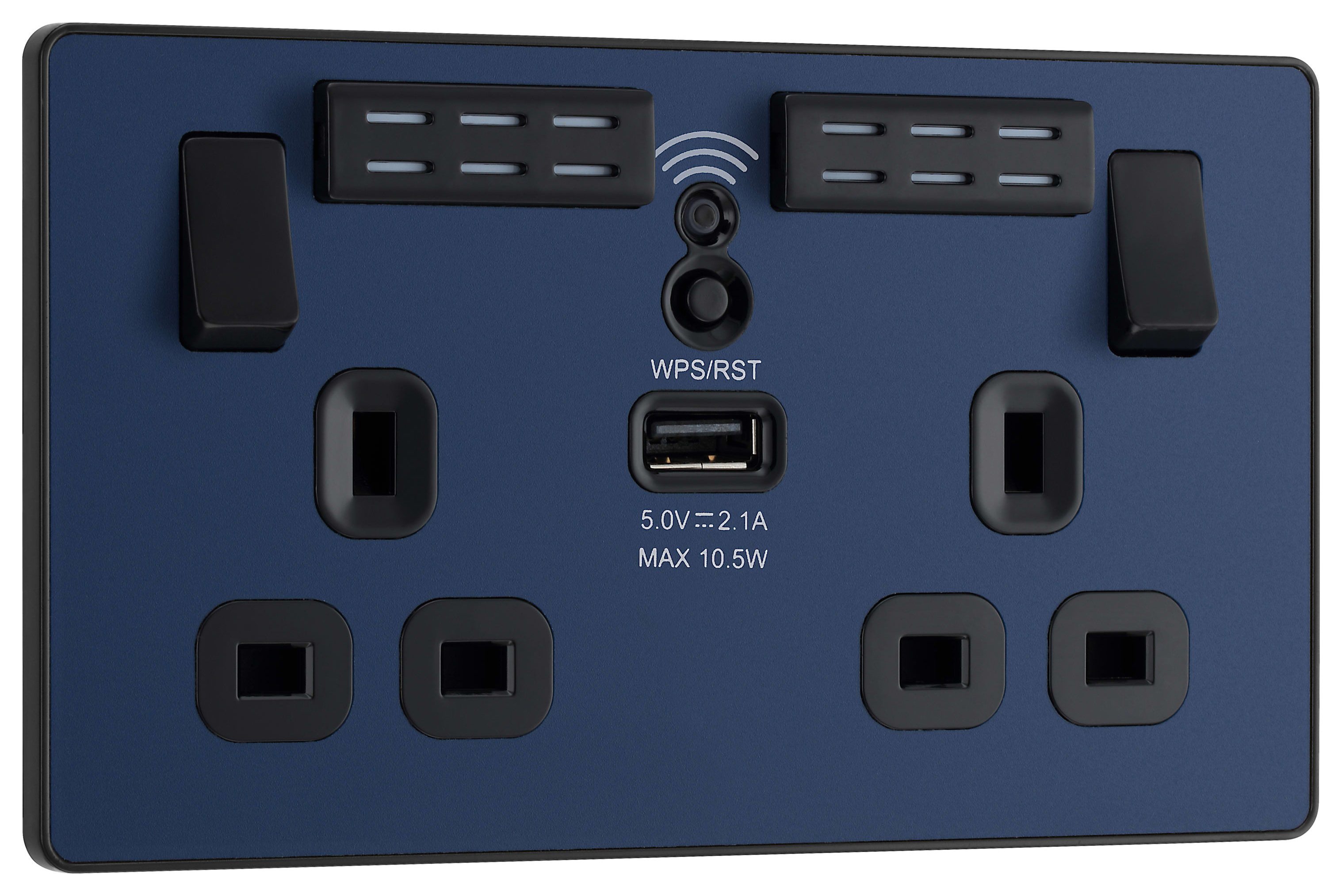 Image of BG Evolve Matt Blue 13A Wifi Extender Double Switched Power Socket & 1 x USB (2.1A)