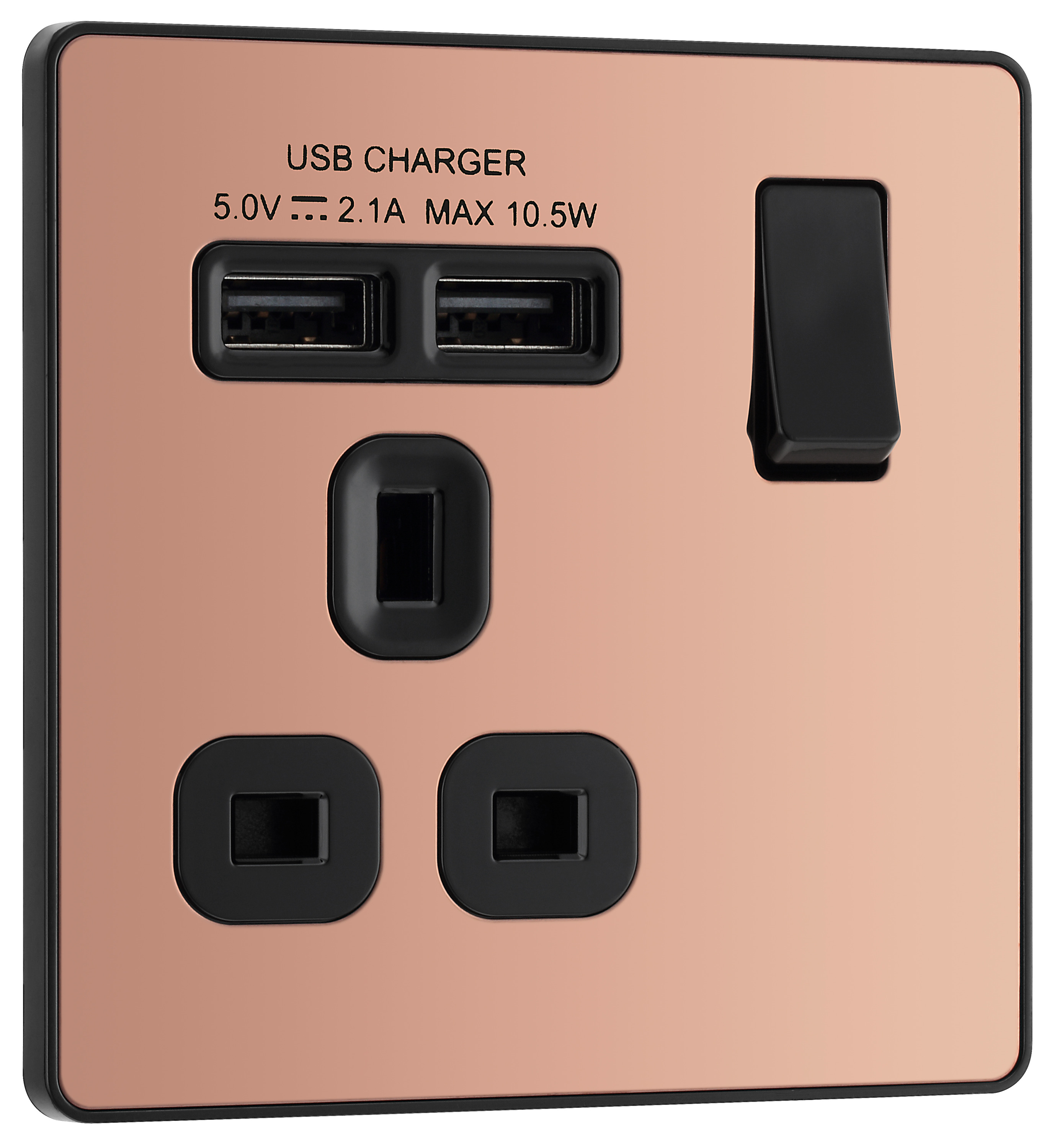Image of BG Evolve Polished Copper 13A Single Switched Power Socket & 2 x USB (2.1A)