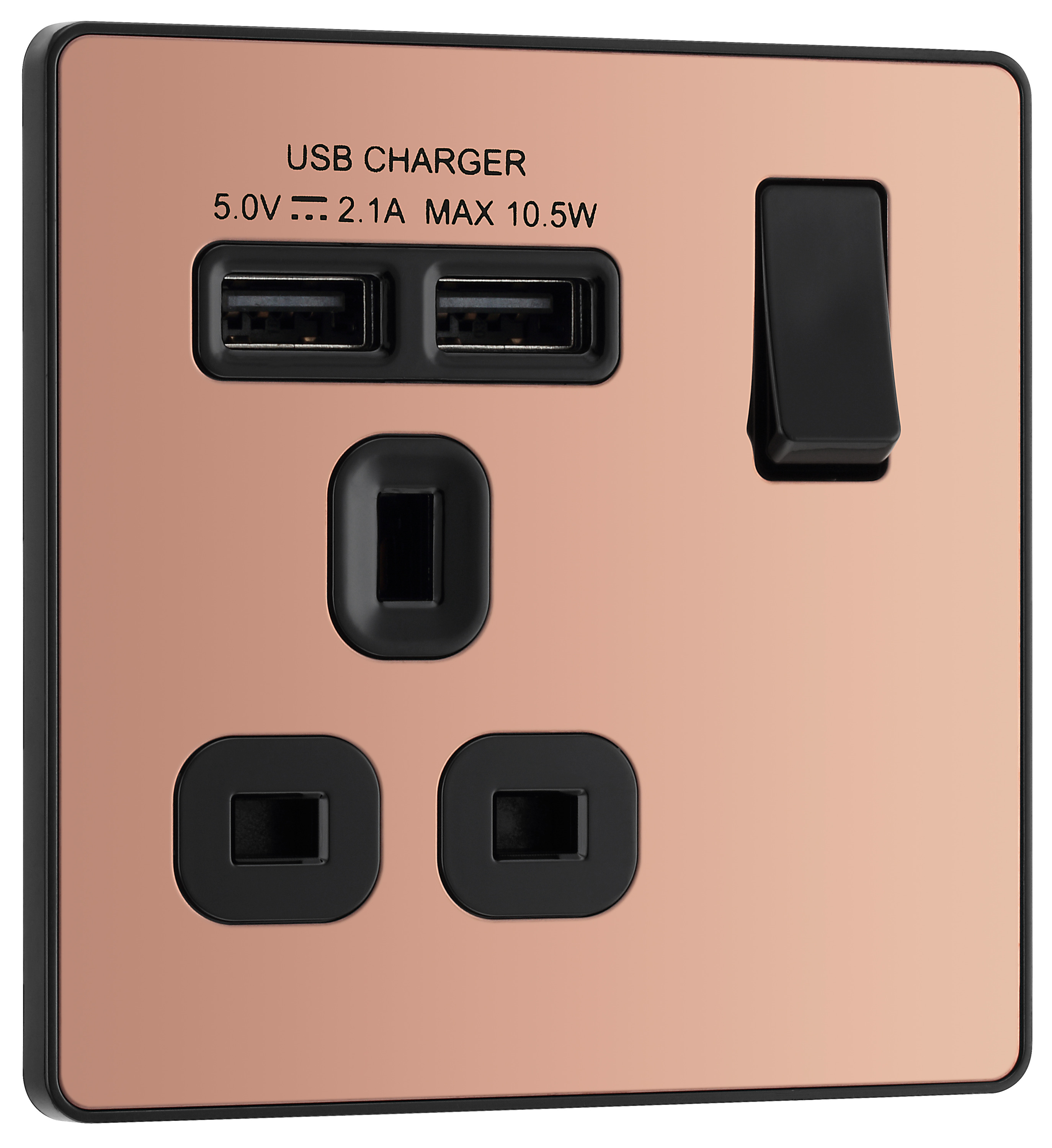 BG Evolve 13A Single Switched Power Socket & 2 x USB (2.1A) - Polished Copper