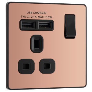 BG Evolve Polished Copper 13A Single Switched Power Socket & 2 x USB (2.1A)