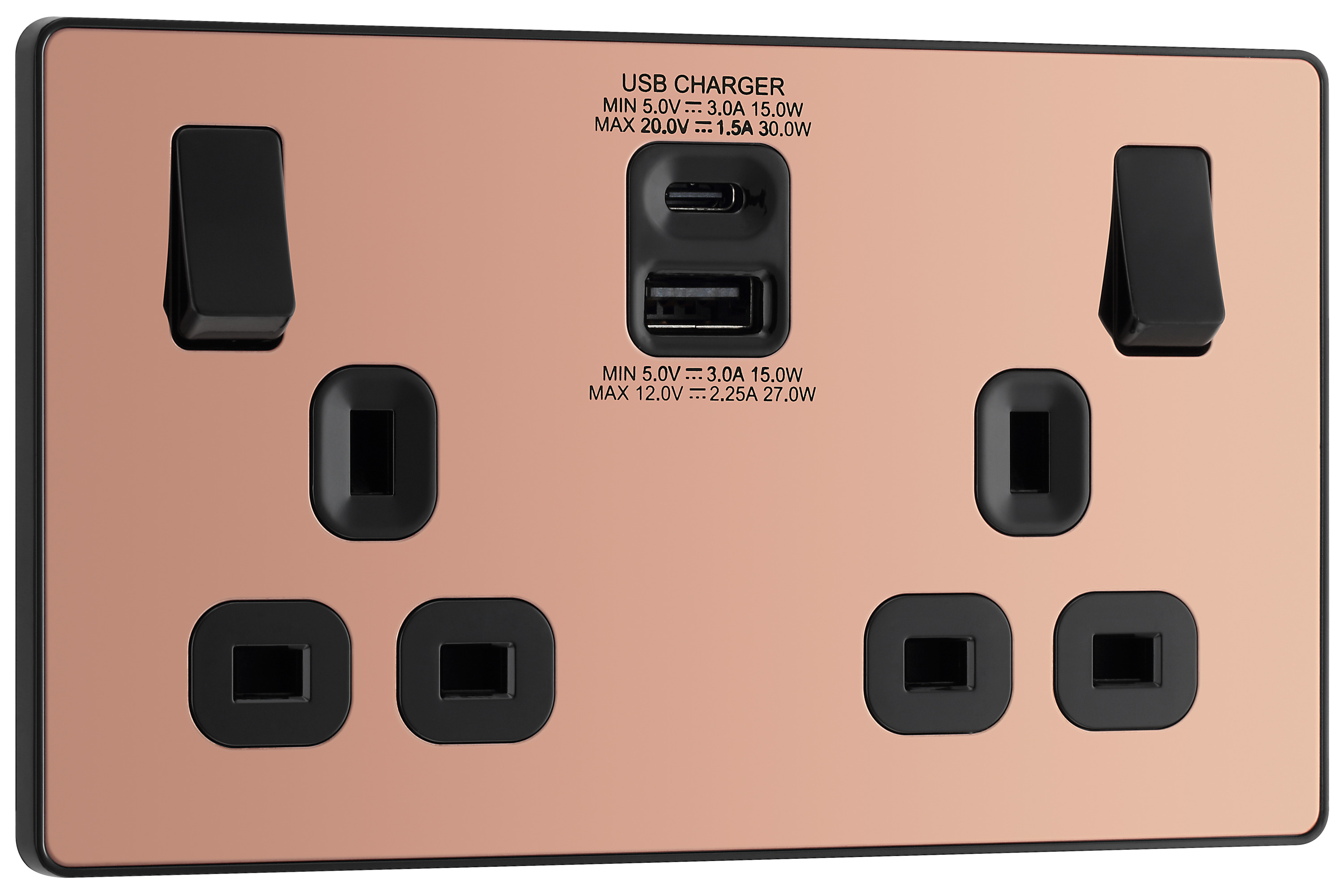 Image of BG Evolve Polished Copper Double Switched 13A Power Socket with USB C 30W & USB A (2.1A)