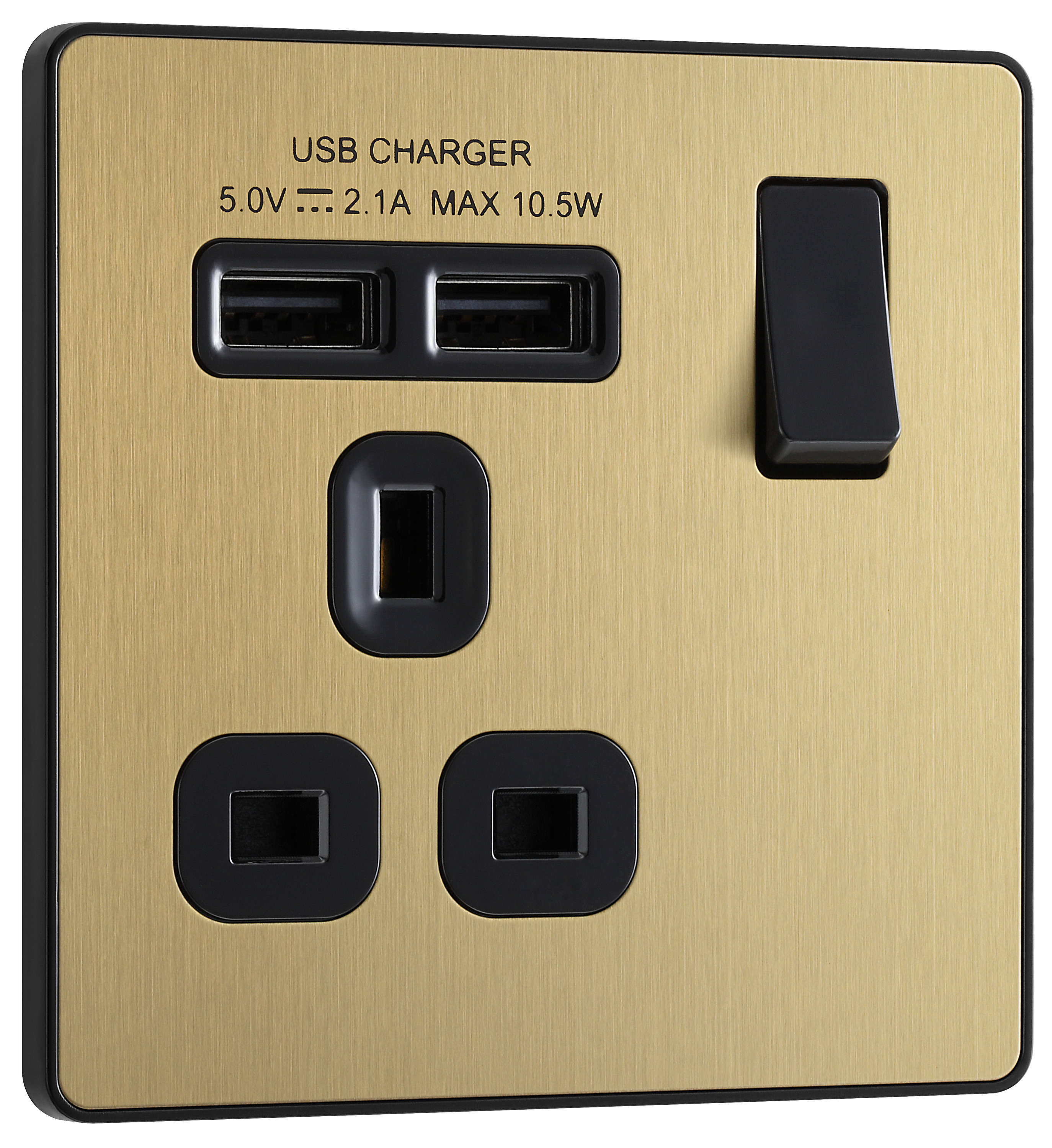 Image of BG Evolve Brushed Brass 13A Single Switched Power Socket & 2 x USB (2.1A)