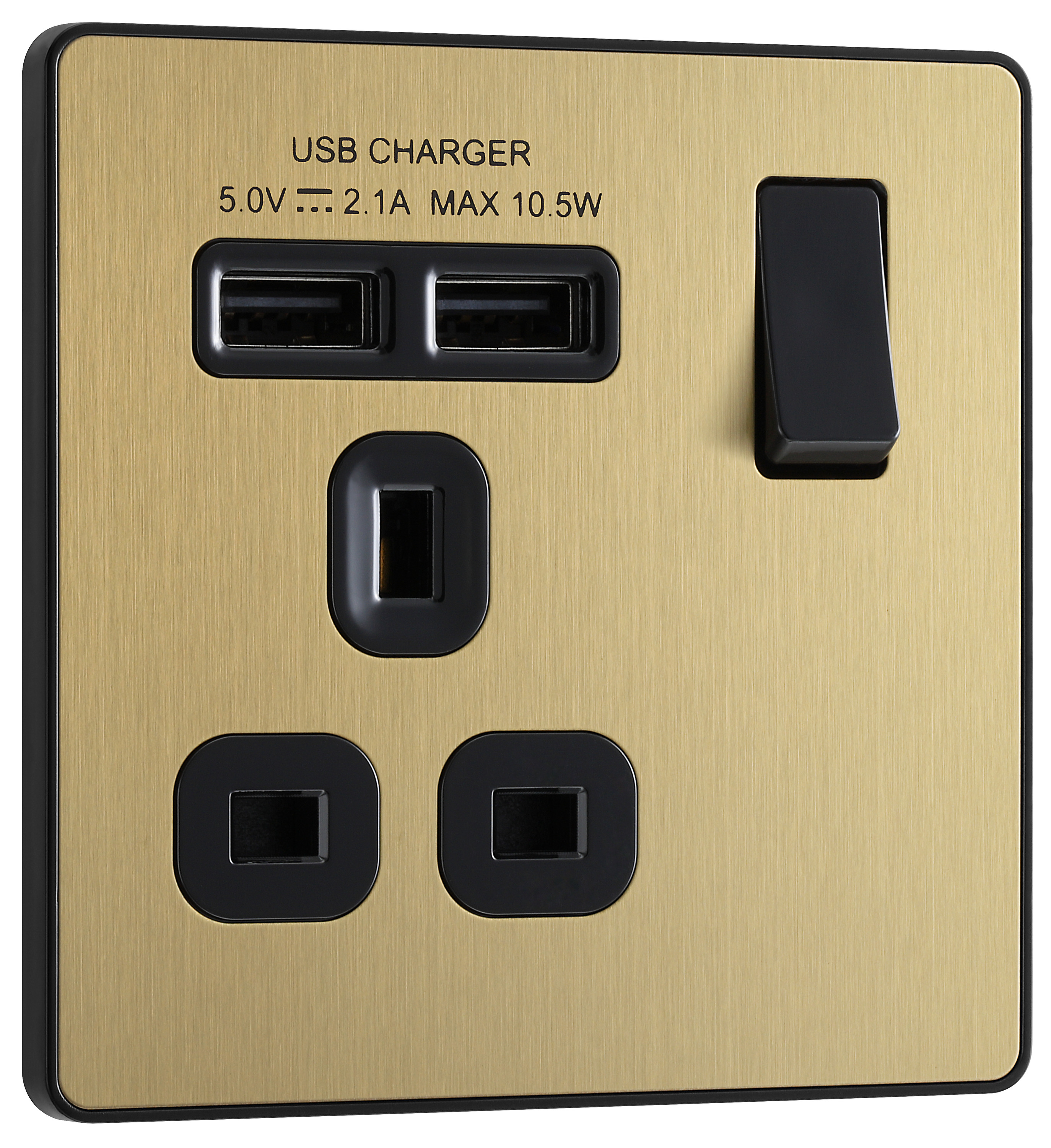 BG Evolve Brushed Brass 13A Single Switched Power Socket & 2 x USB (2.1A)