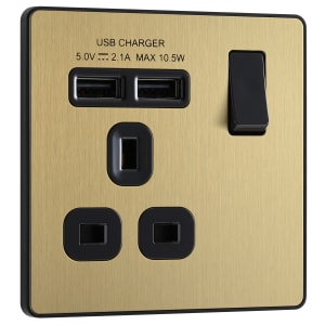 BG Evolve Brushed Brass 13A Single Switched Power Socket & 2 x USB (2.1A)