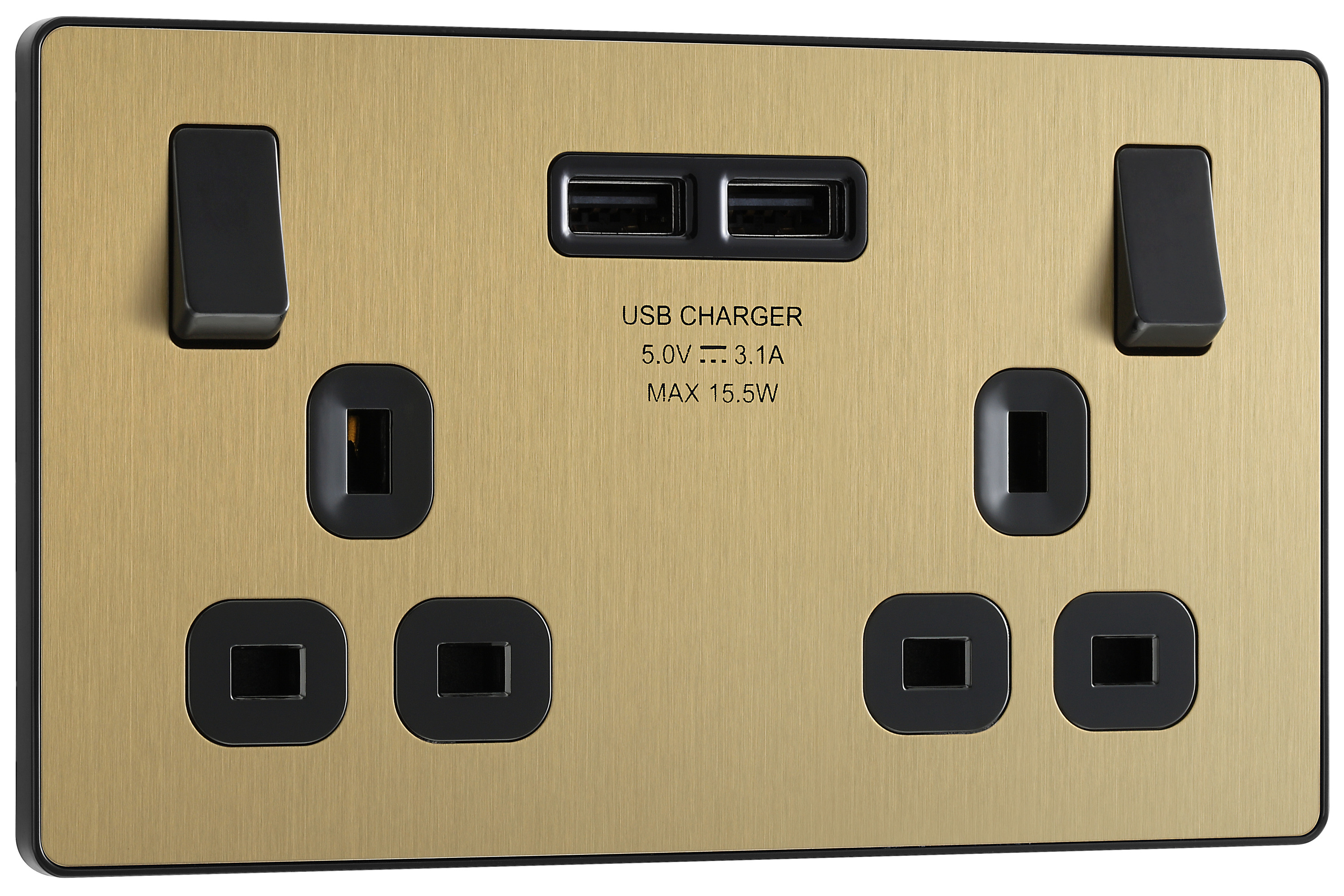 BG Evolve 13A Double Switched Power Socket & 2 x USB (3.1A) - Brushed Brass