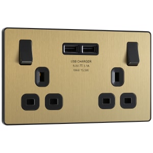 BG Evolve Brushed Brass 13A Double Switched Power Socket & 2 x USB (3.1A)