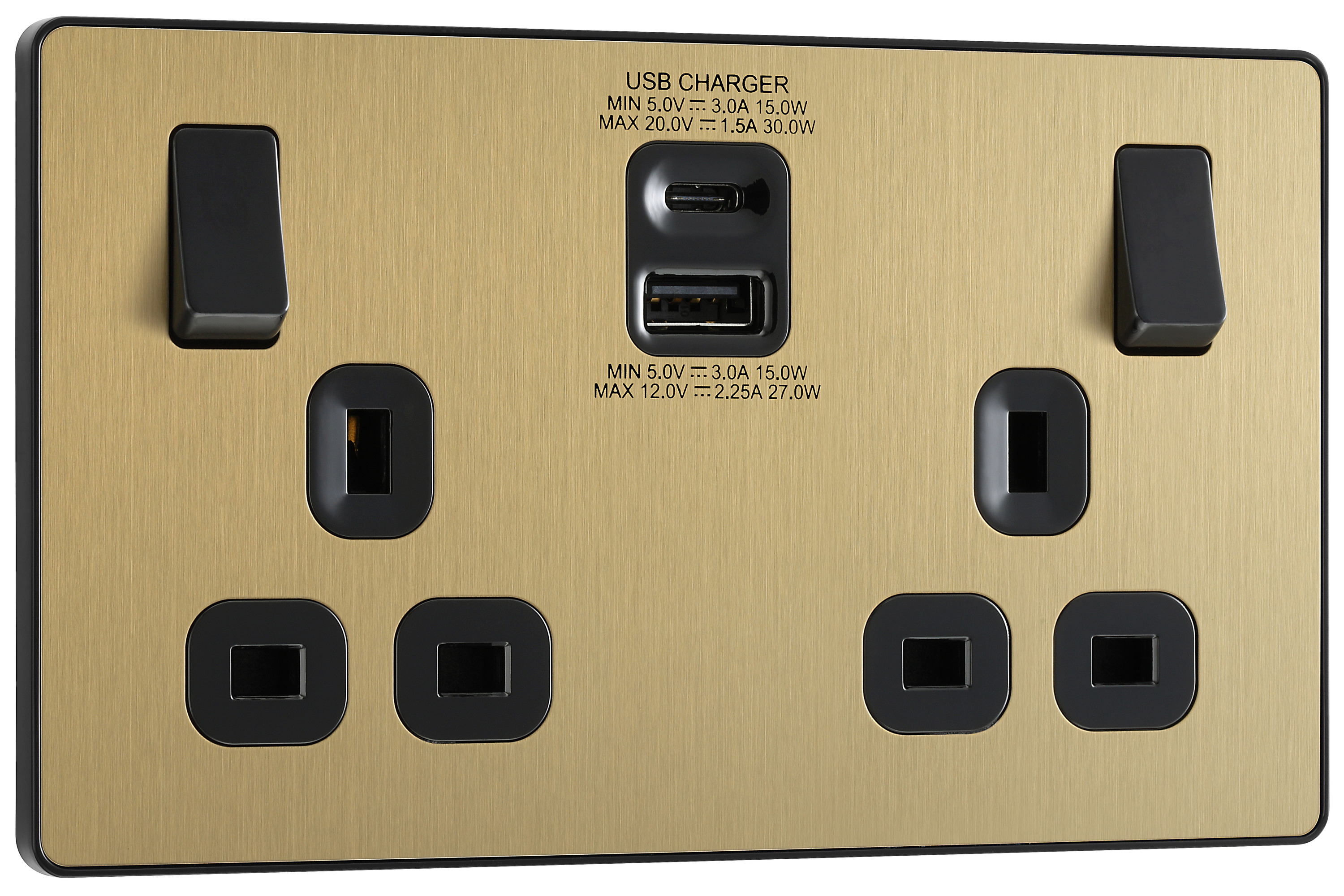 BG Evolve 13A Double Switched Power Socket with USB C (30W) & USB A (2.1A) - Brushed Brass
