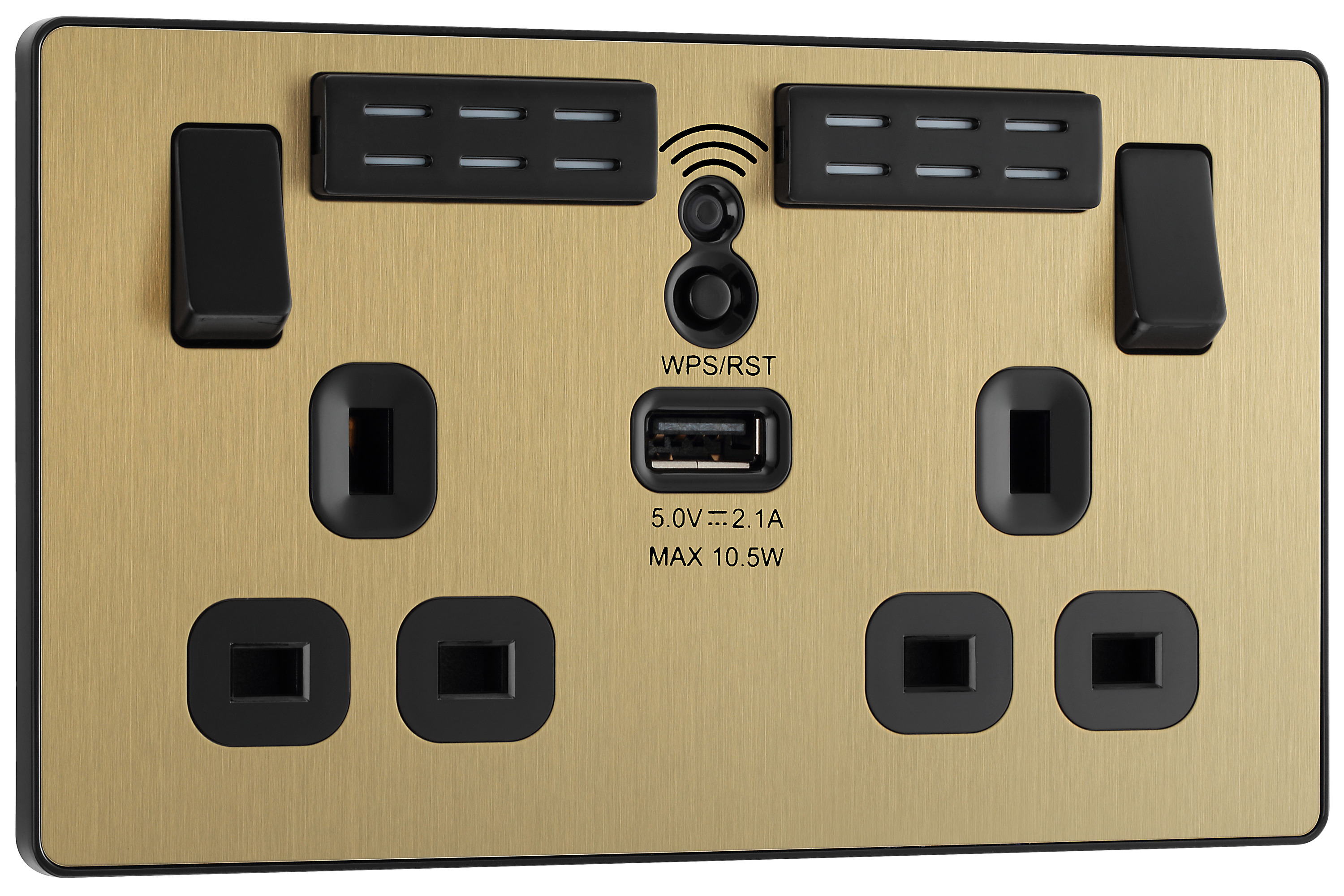 BG Evolve Brushed Brass 13A Wifi Extender Double Switched Power Socket & 1 x USB (2.1A)