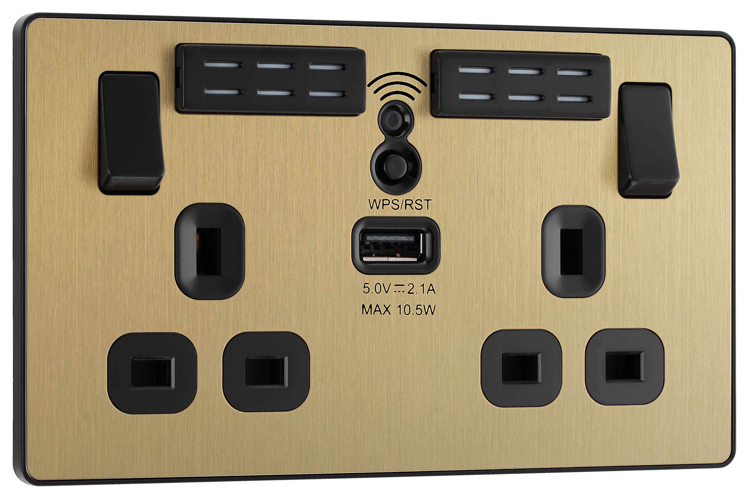 Image of BG Evolve Brushed Brass 13A Wifi Extender Double Switched Power Socket & 1 x USB (2.1A)