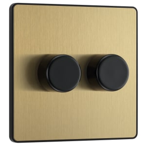 BG Evolve Brushed Brass Trailing Edge Led Double Push On / Off 2-Way Dimmer Switch - 200W