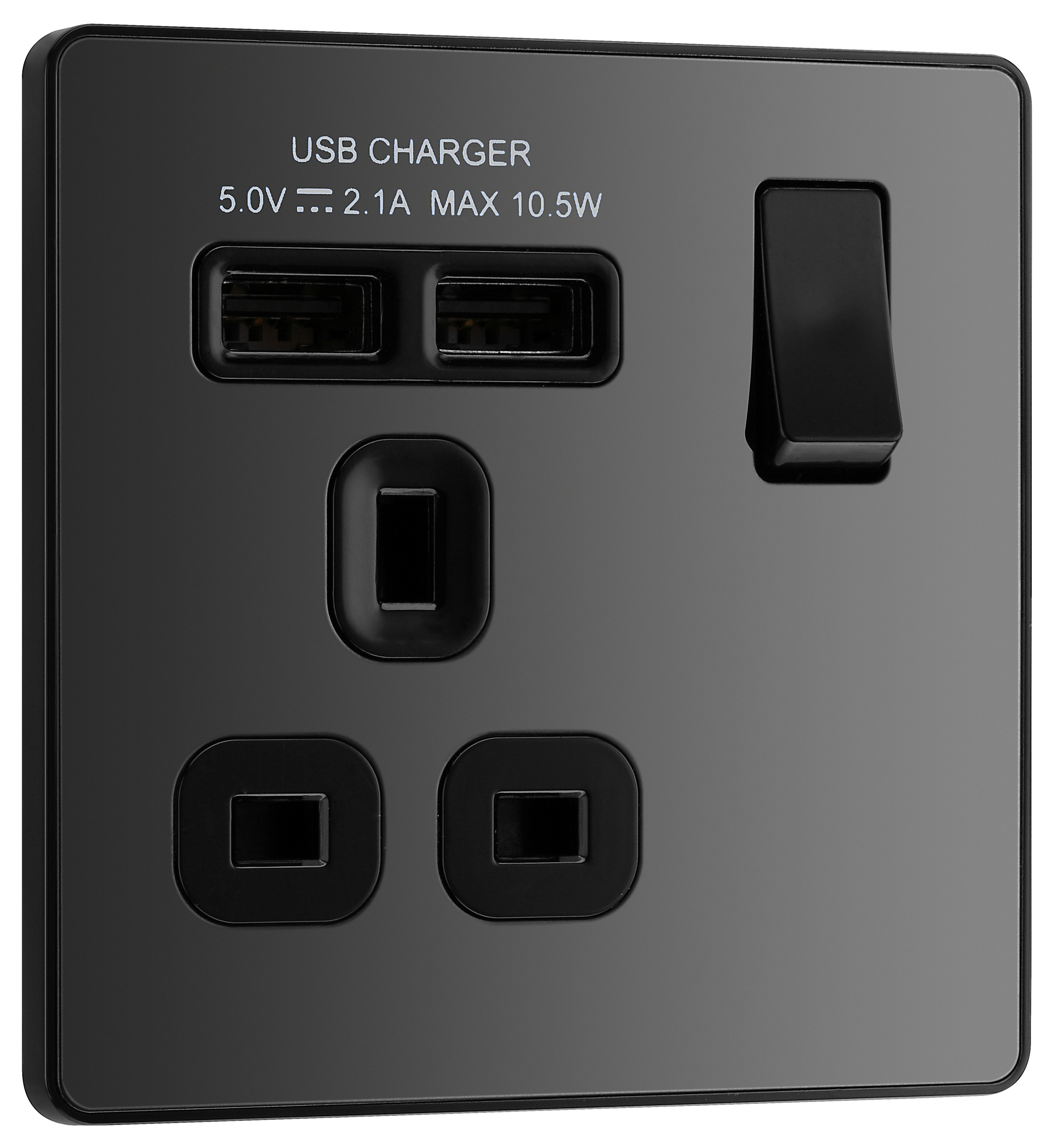 BG Evolve Black Chrome Single Switched 13A Power Socket with 2 x USB (2.1A)