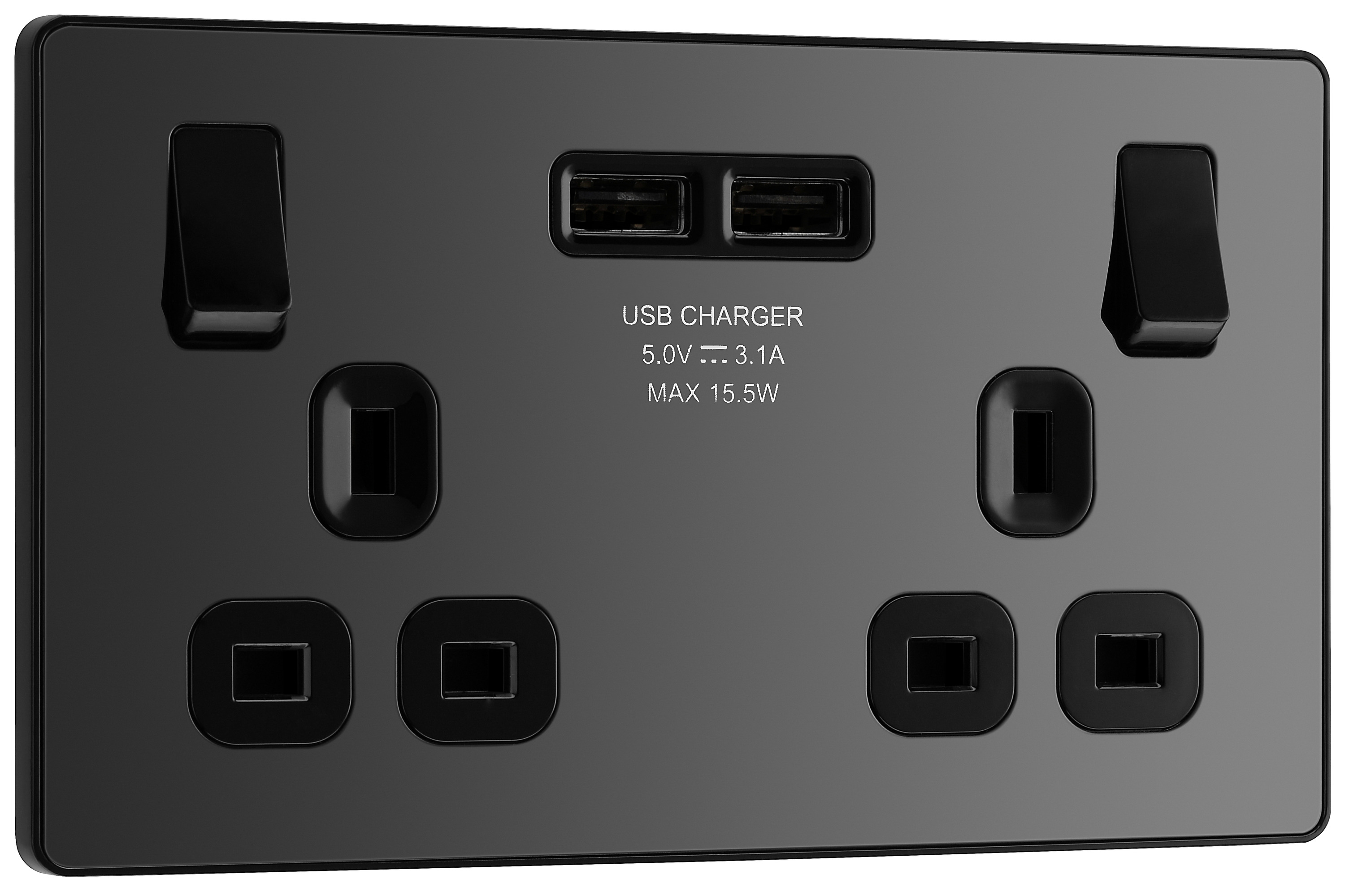 BG Evolve Black Chrome 13A Double Switched Power Socket with 2 x USB (3.1A)
