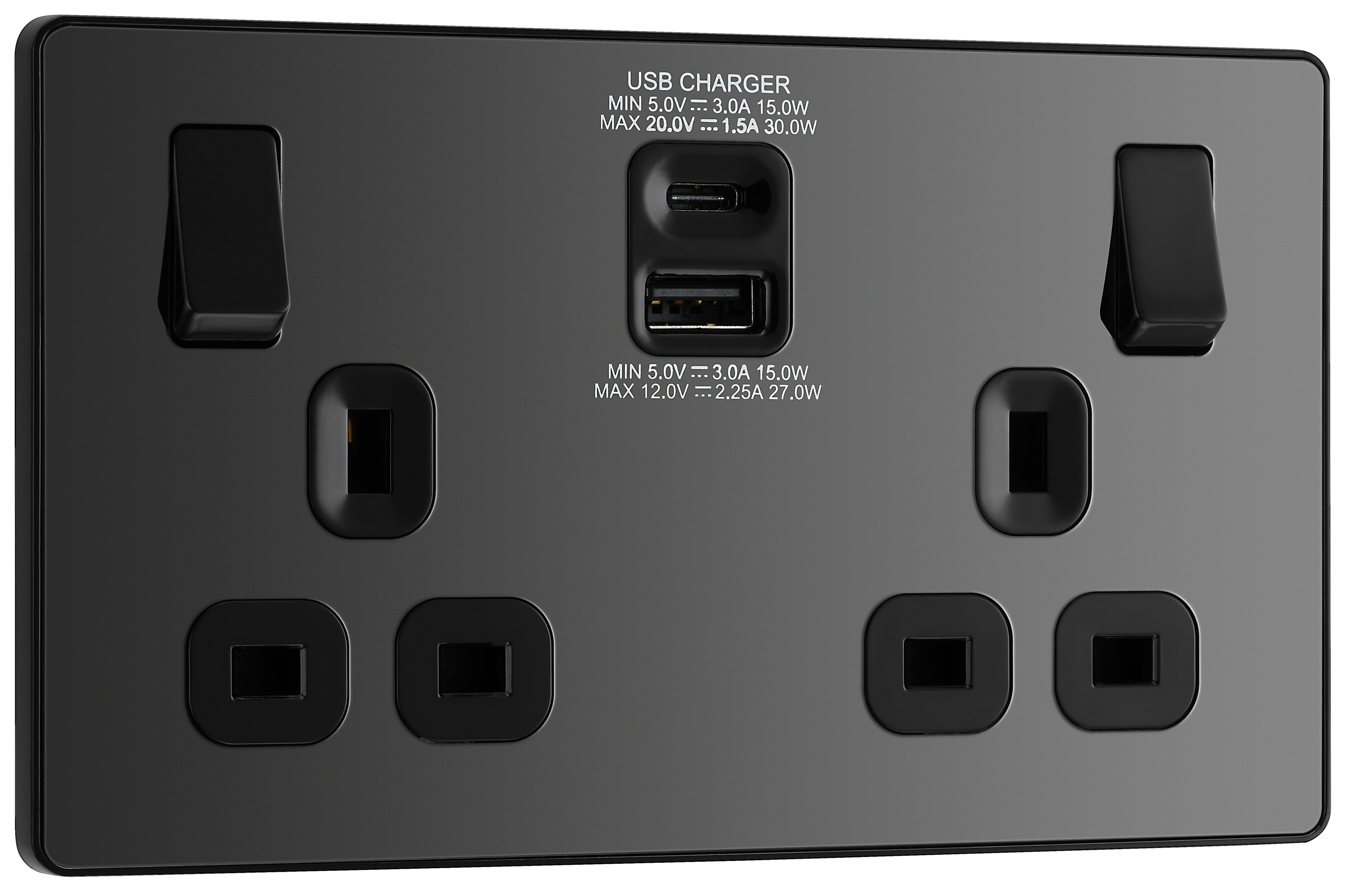 Image of BG Evolve Black Chrome Double Switched 13A Power Socket with USB C 30W & USB A (2.1A)