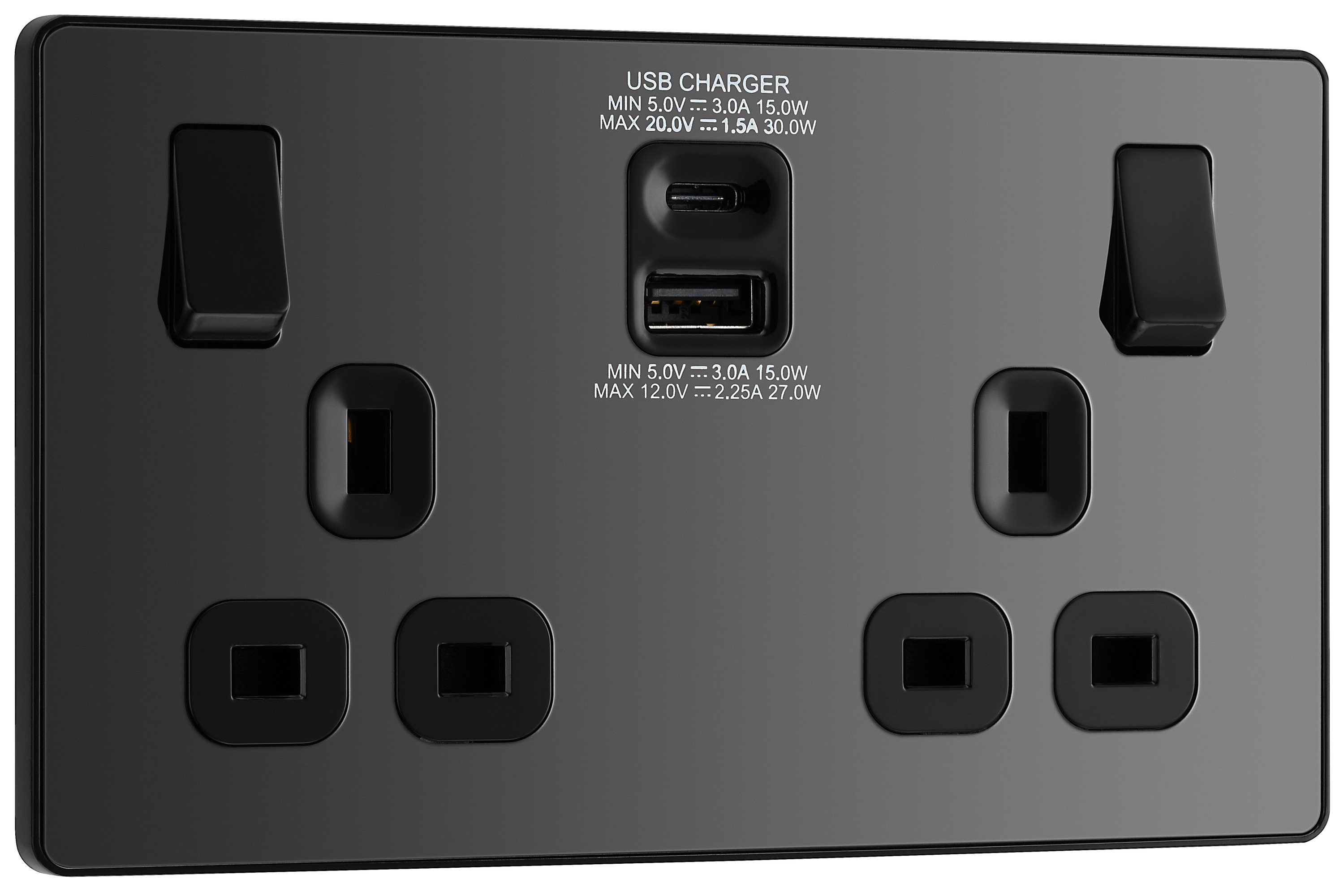 BG Evolve Double Switched 13A Power Socket with USB C 30W & USB A (2.1A) - Black Chrome