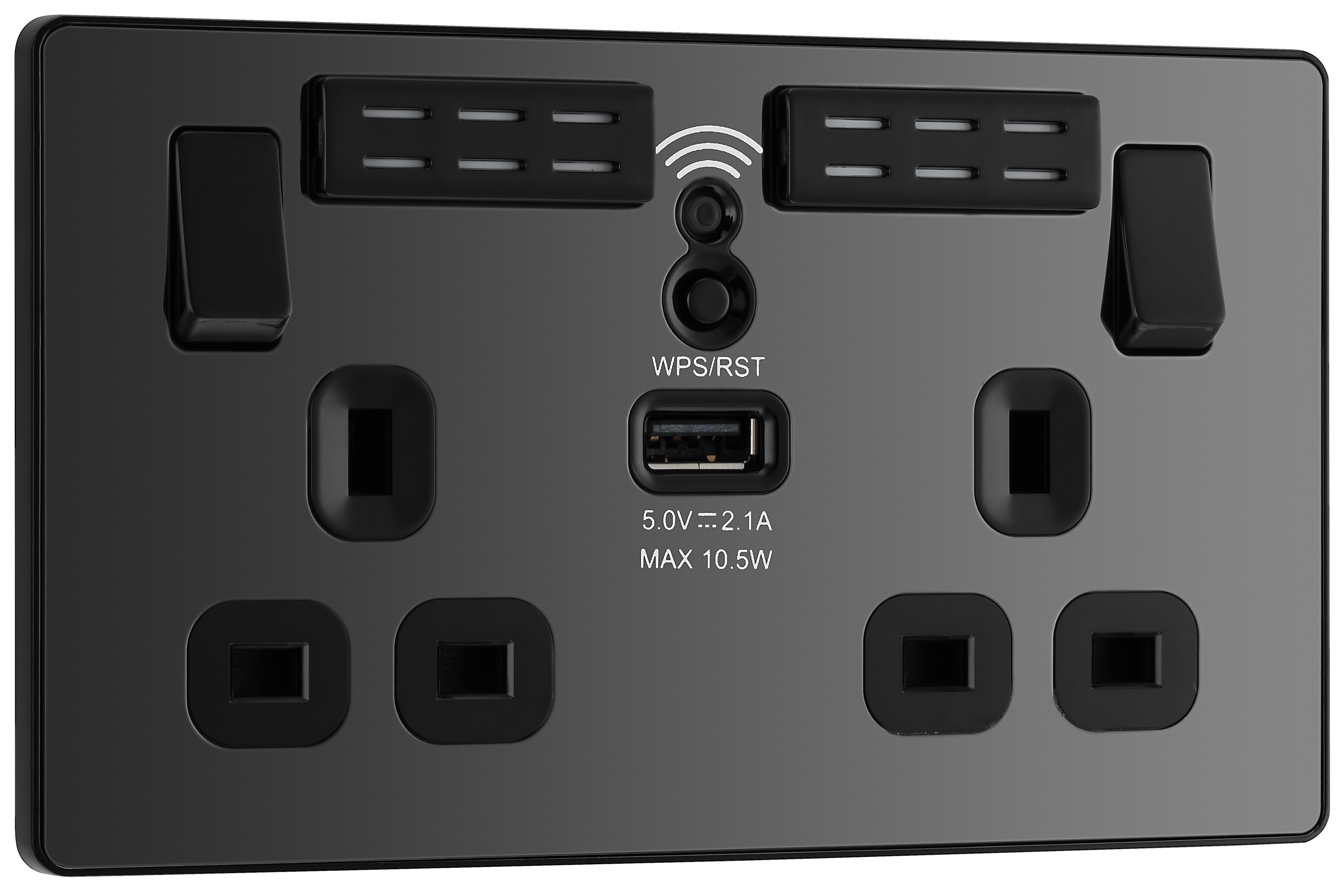 Image of BG Evolve Black Chrome 13A Wifi Extender Double Switched Power Socket with 1 x USB (2.1A)
