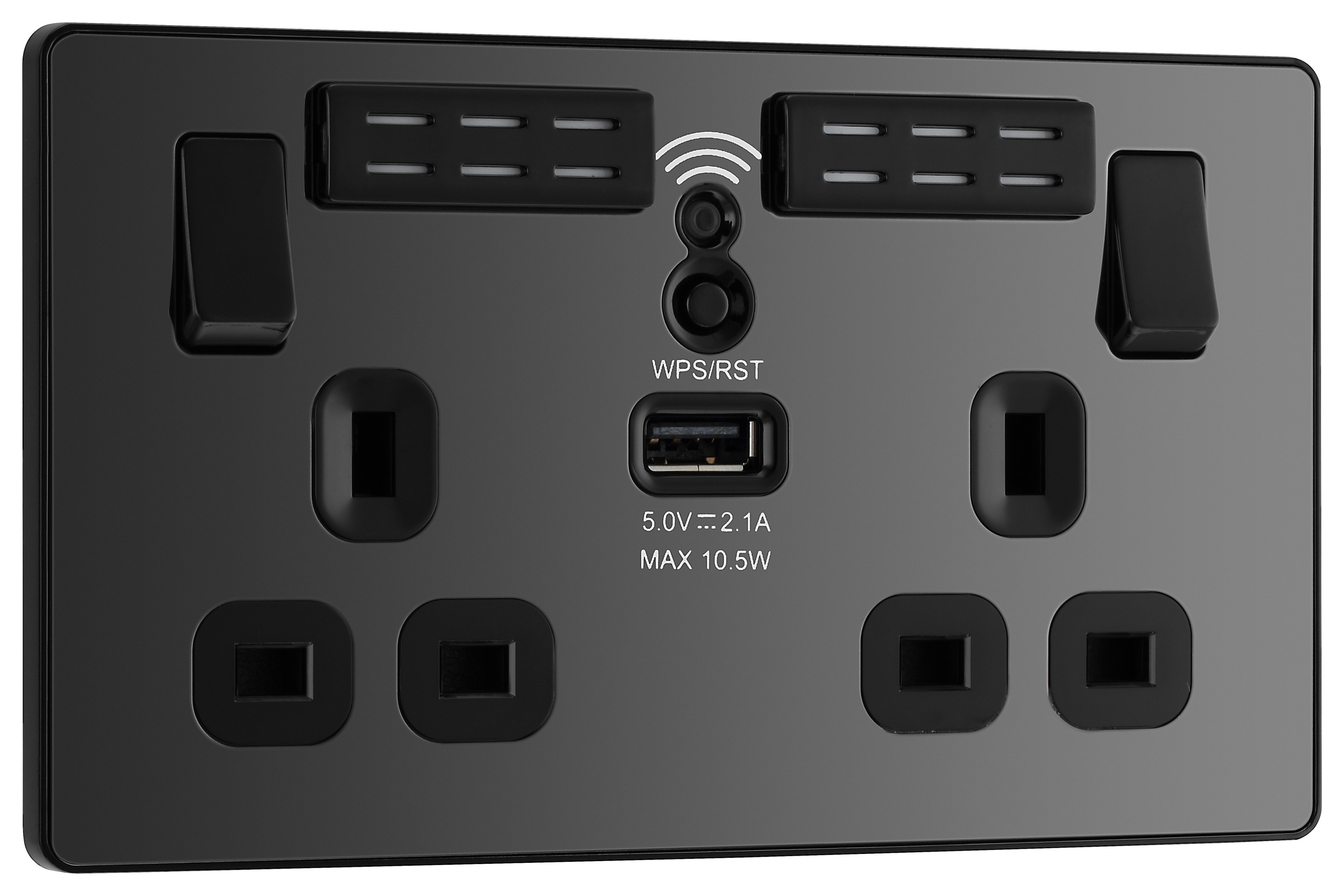 Image of BG Evolve Black Chrome 13A Wifi Extender Double Switched Power Socket with 1 x USB (2.1A)