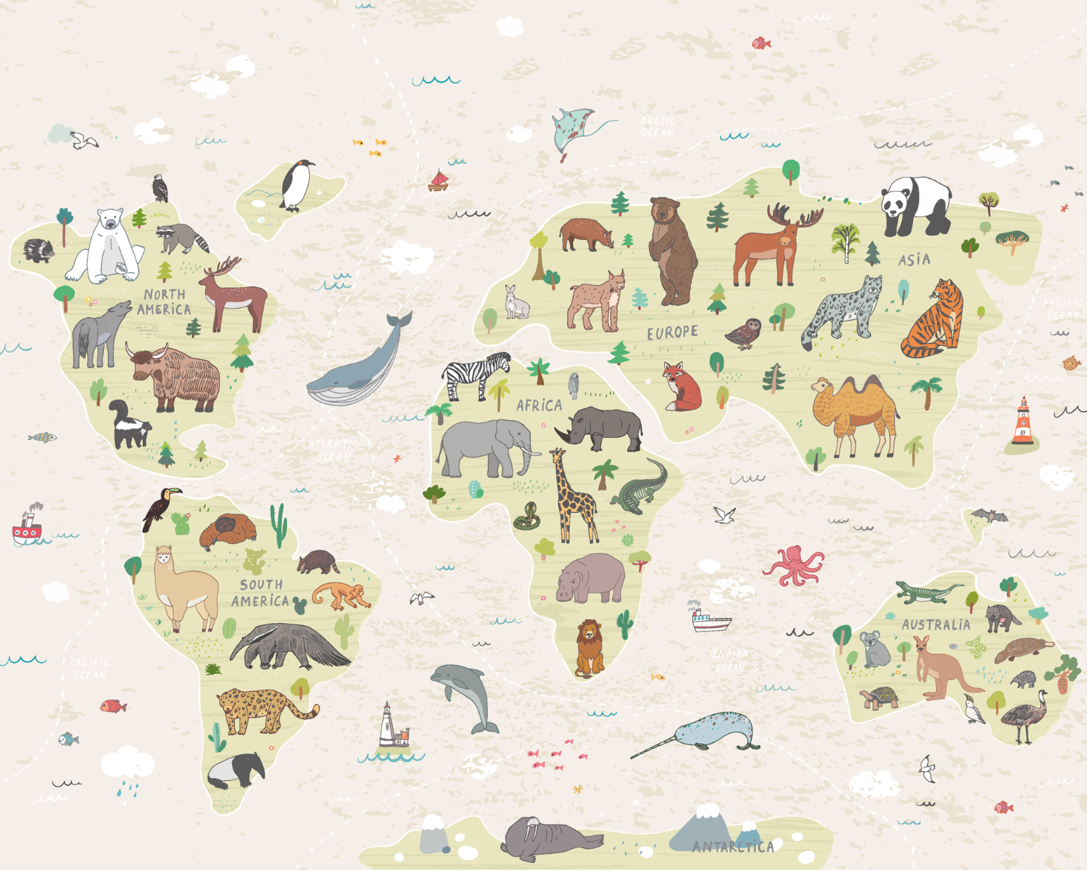 Image of Origin Murals Childrens World Map Natural Wall Mural - 3 x 2.4m