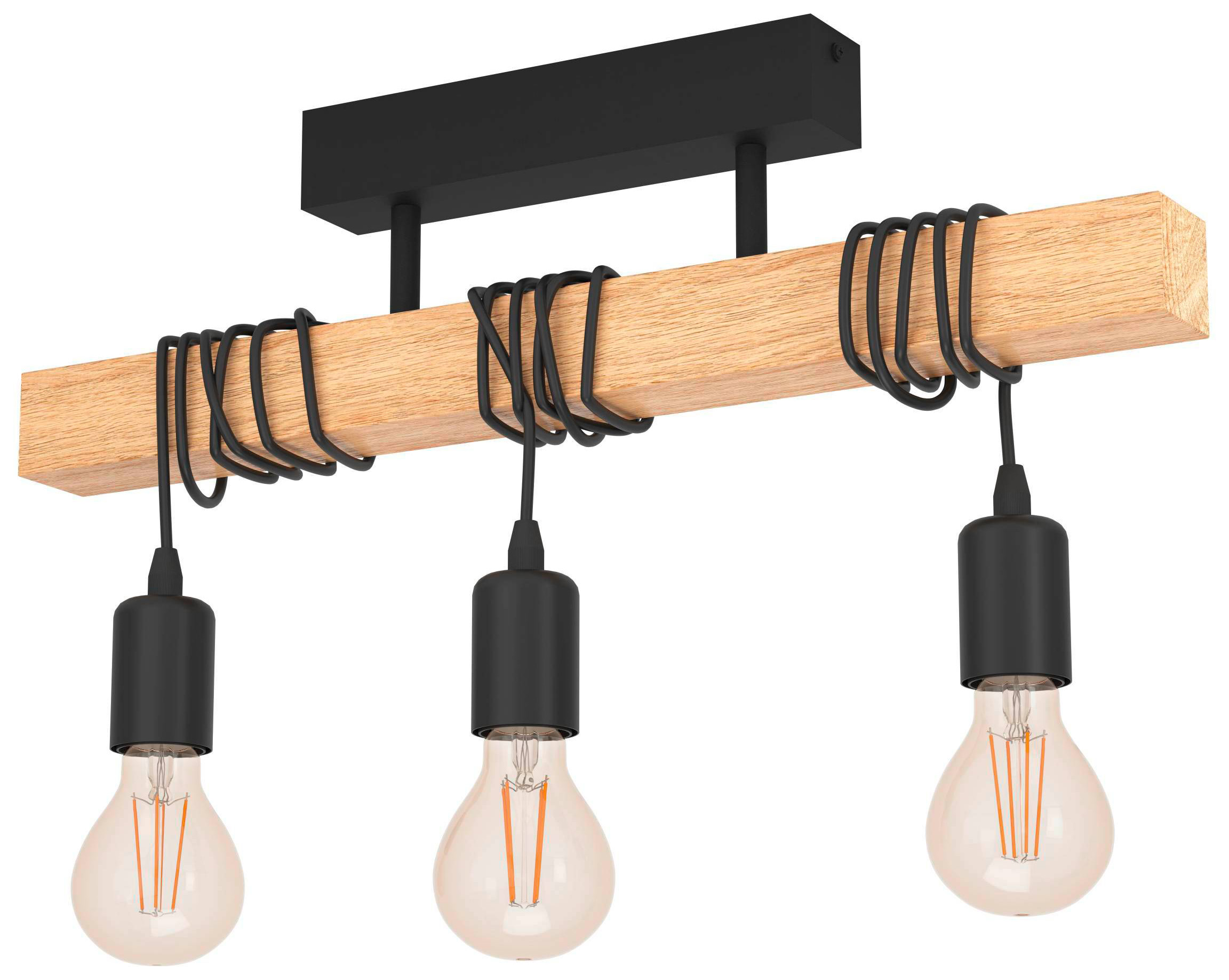 Eglo Townshend Black & Natural Wood 3 Light Ceiling Light