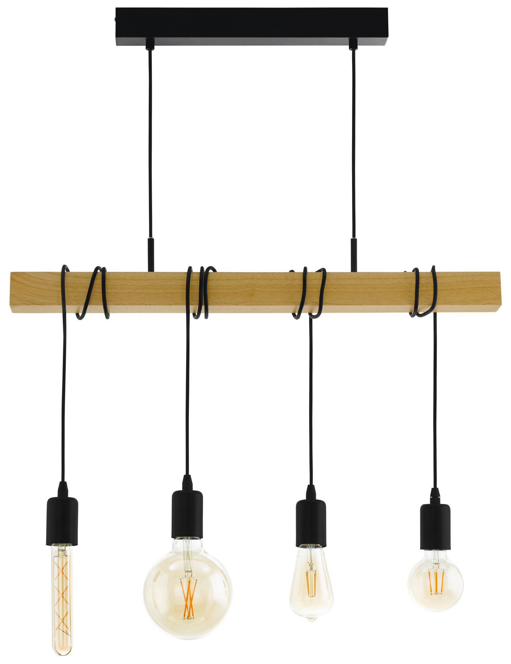 Image of Eglo Townshend Black & Natural Wood 4 Pendant Light