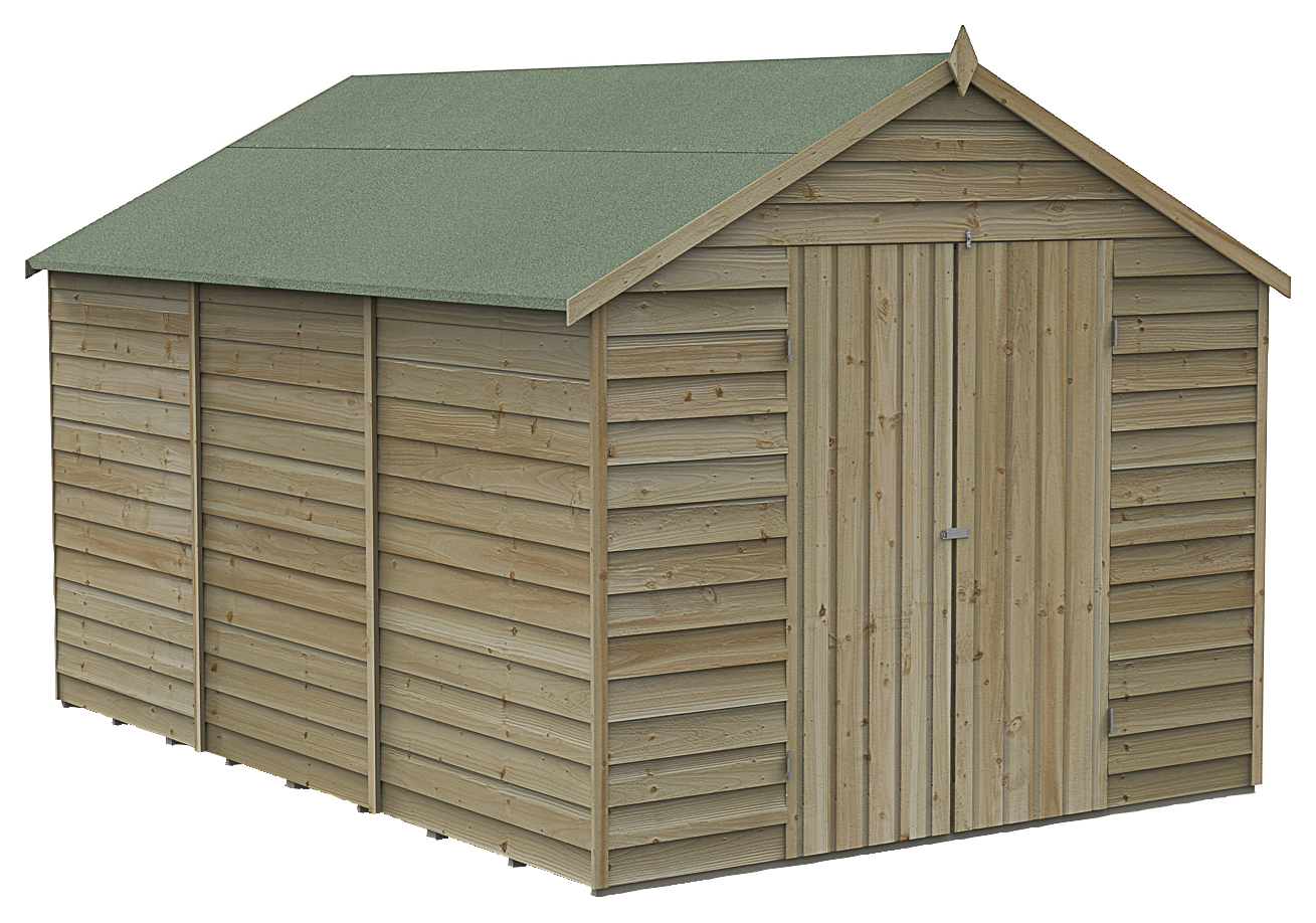 Image of Forest Garden 12 x 8ft 4Life Apex Overlap Pressure Treated Double Door Windowless Shed with Base and Assembly
