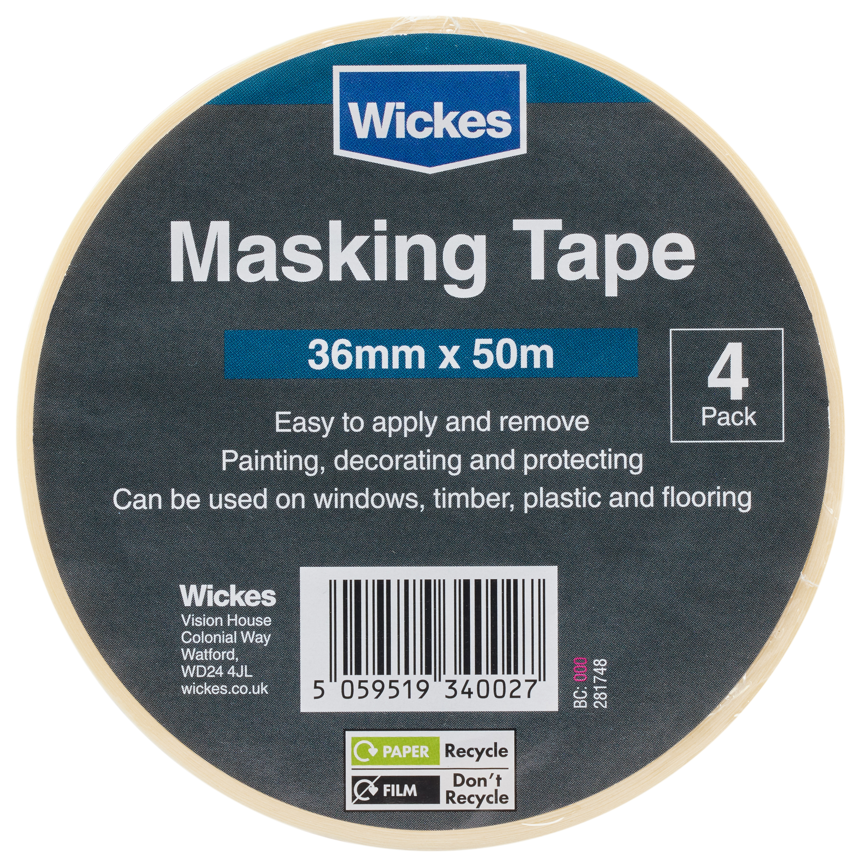 Image of Wickes Multisurface Cream Masking Tape - 36mm x 50m - Pack of 4