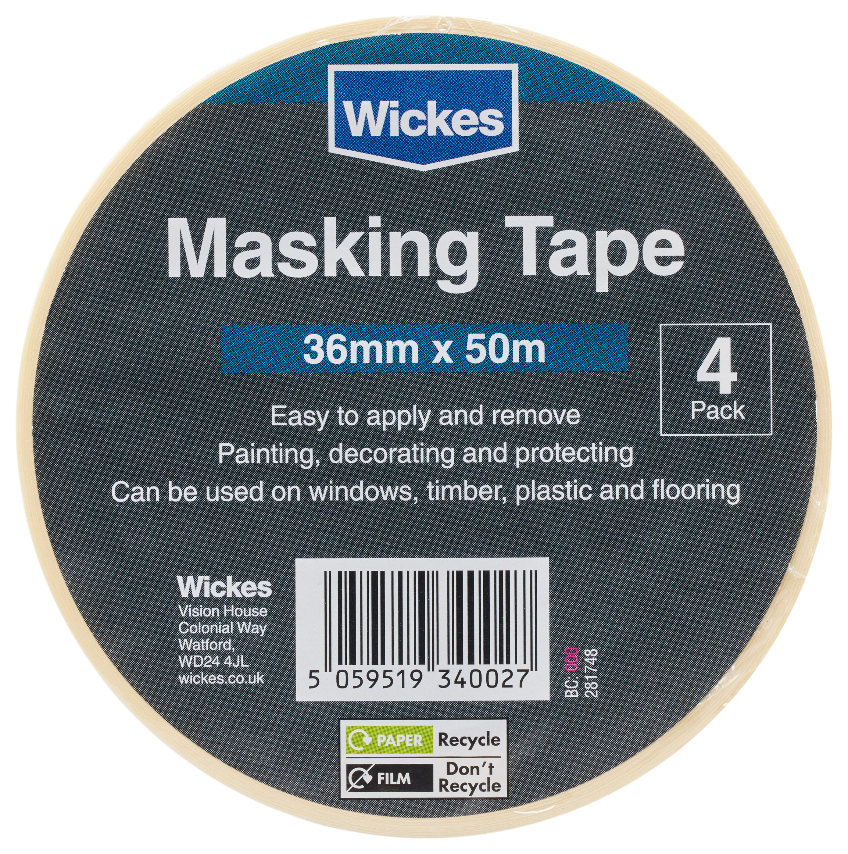 Wickes Multi-Surface Cream Masking Tape - 48mm x 50m - Pack of 4