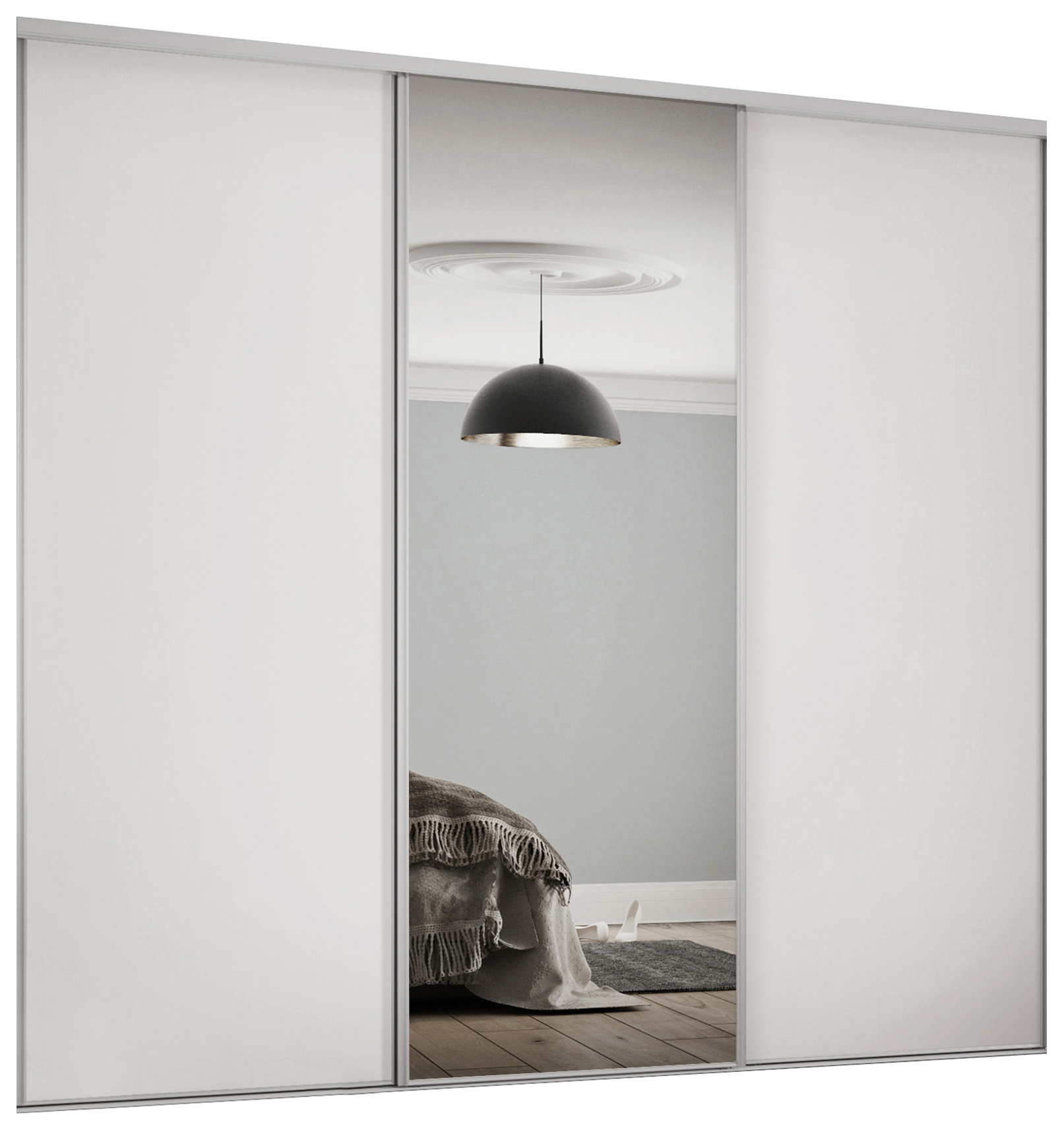 Spacepro Heritage 2 x 614mm Dove Grey Panel Door/ 1 x Silver Mirror Kit with Colour Matched Track