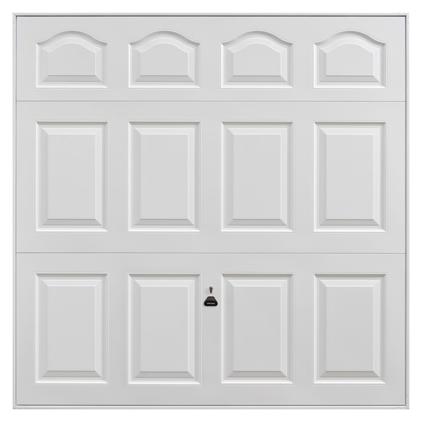 Image of Garador Cathedral Panelled White Frameless Retractable Garage Door - 2134 x 1981mm