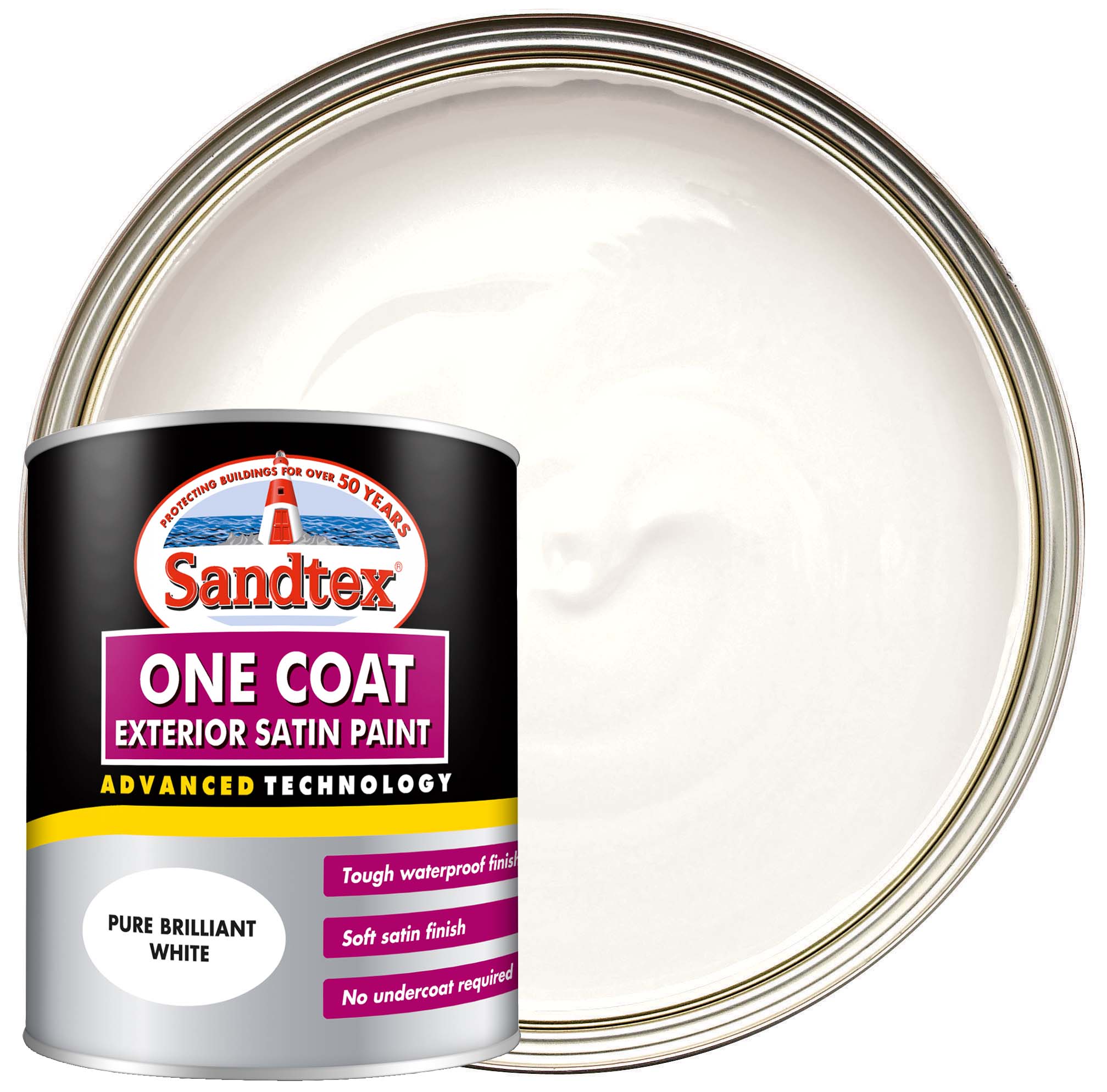 Image of Sandtex One Coat Exterior Satin Paint - Pure Brilliant White - 750ml
