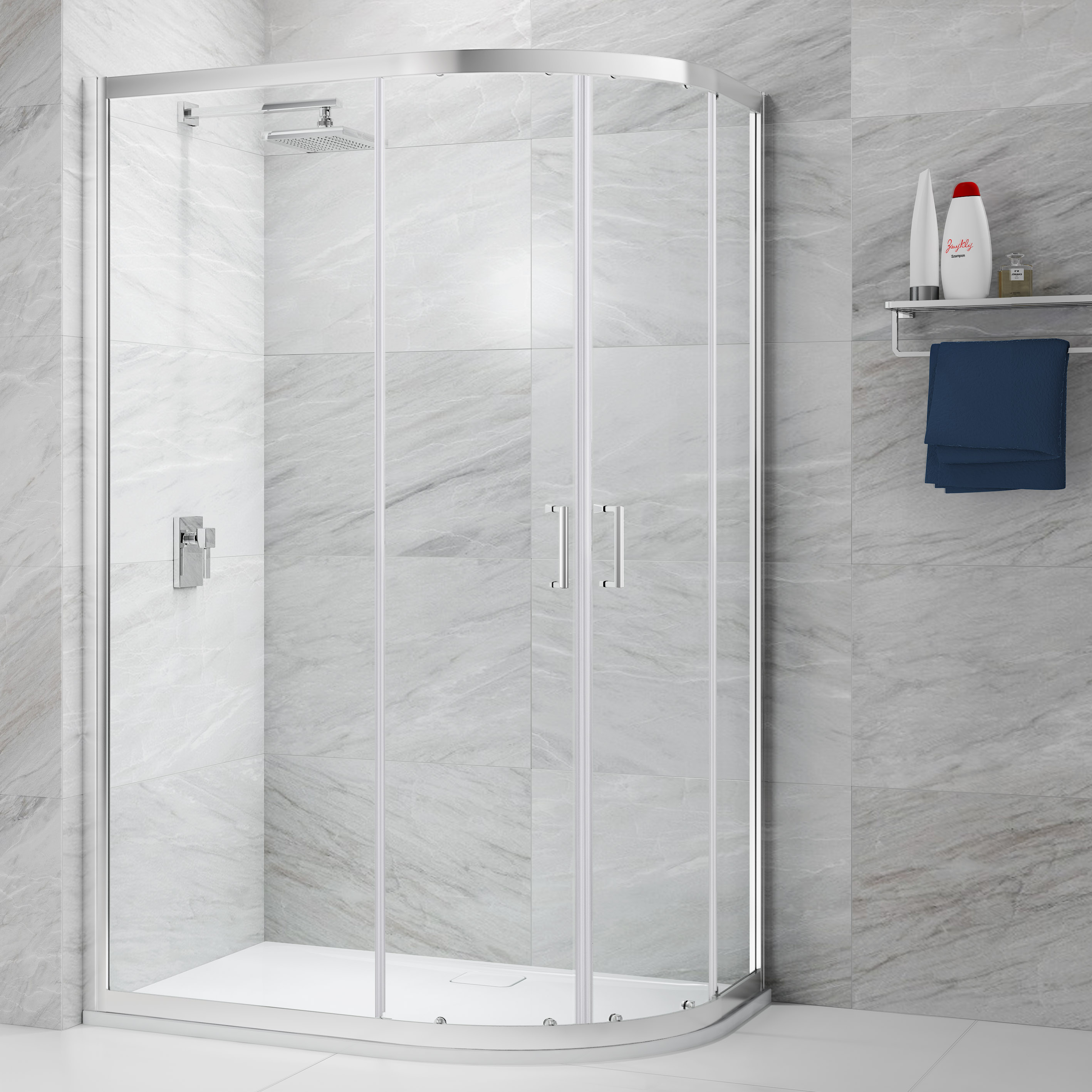 Nexa By Merlyn 6mm Left Hand Framed Chrome Offset Quadrant Double Door Shower Enclosure - 900 x 760mm - includes tray