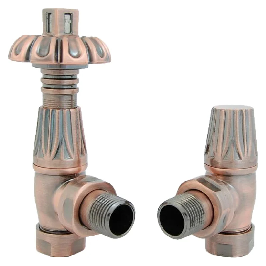Image of Towelrads Westminster Antique Copper Angled Thermostatic Radiator Valve & Lockshield - 129 x 67mm