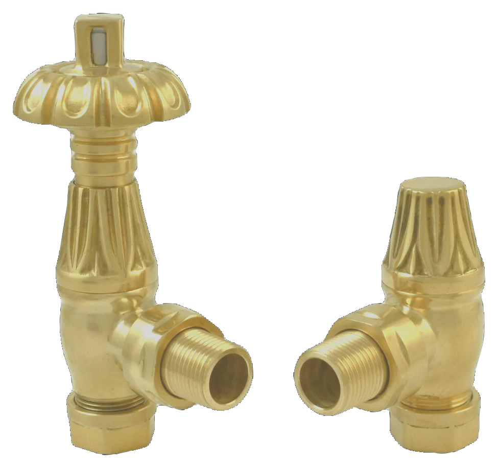 Image of Towelrads Westminster Brass Angled Thermostatic Radiator Valve & Lockshield - 129 x 67mm