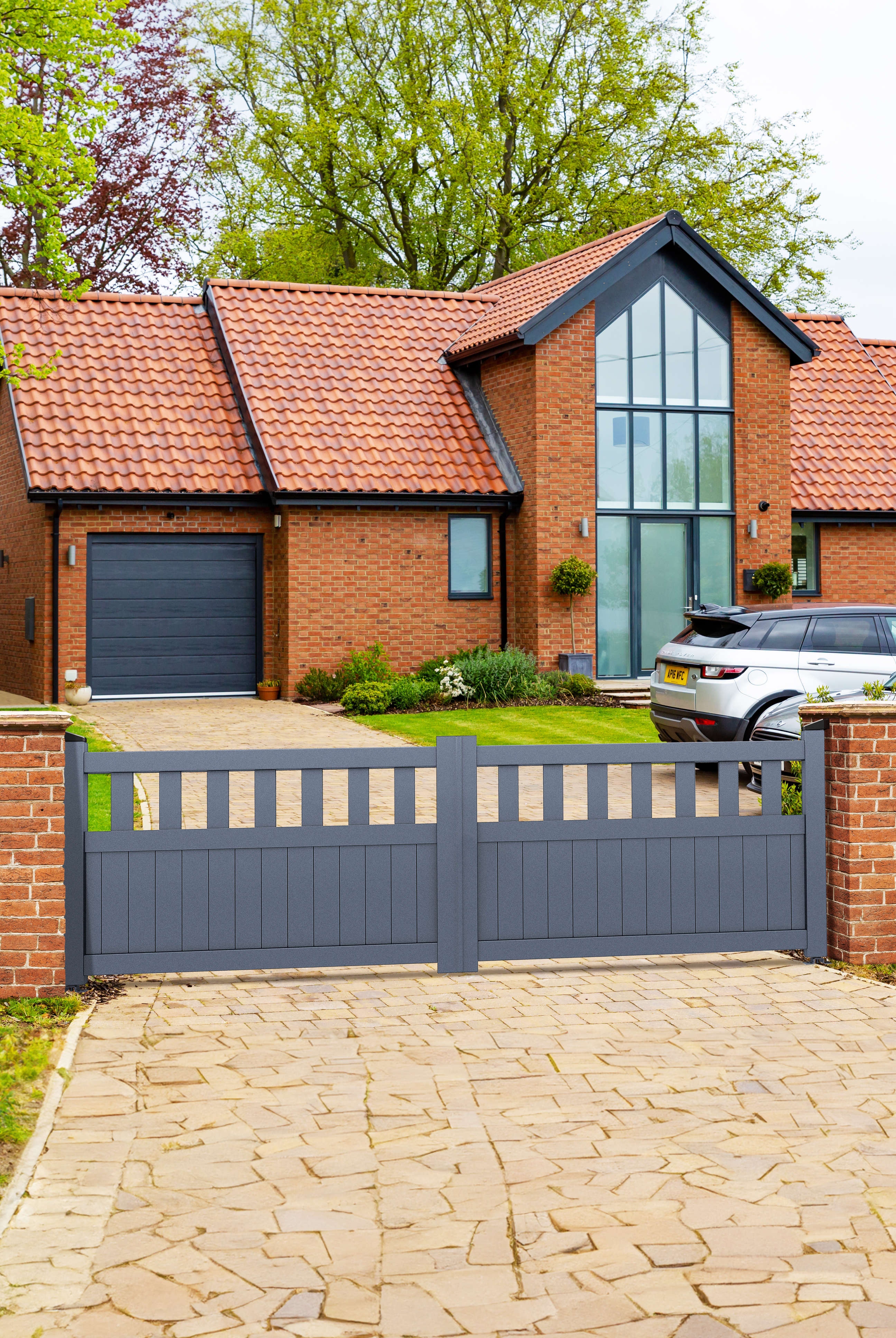 Readymade Anthracite Grey Aluminium Flat Top Double Swing Partial Privacy Driveway Gate - 3250mm Width