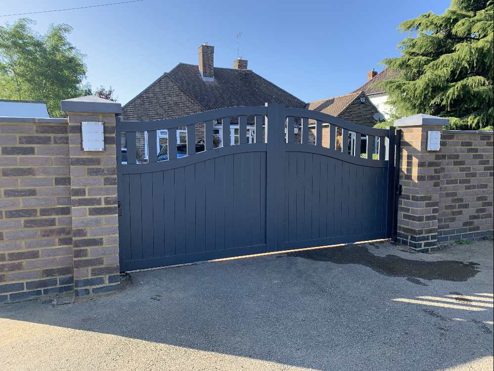 Readymade Anthracite Grey Aluminium Bell Curved Top Double Swing Partial Privacy Driveway Gate - 3000mm Width