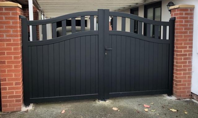 Readymade Black Aluminium Bell Curved Top Double Swing Partial Privacy Driveway Gate - 3750mm Width