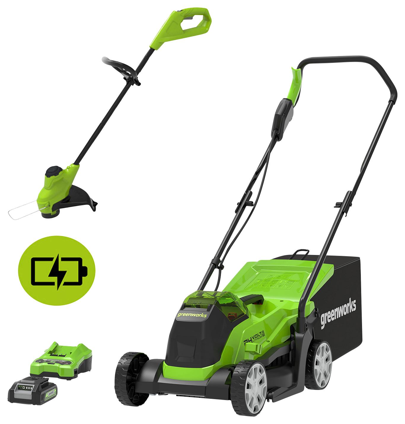 Image of Greenworks 24V 33cm Cordless Lawnmower & 25cm Line Trimmer