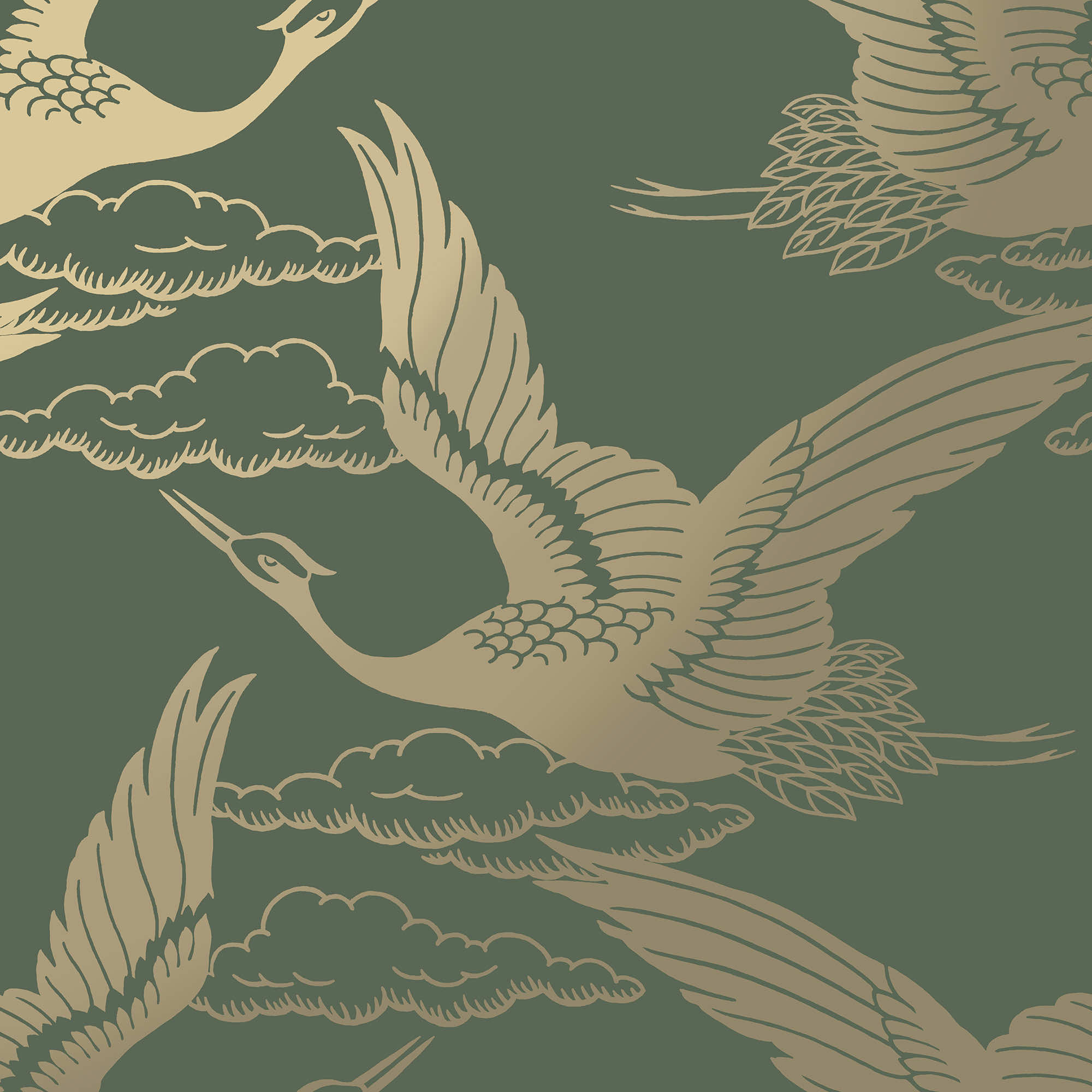 Image of Holden Decor Metallic Cranes Green Wallpaper - 10.05m x 53cm