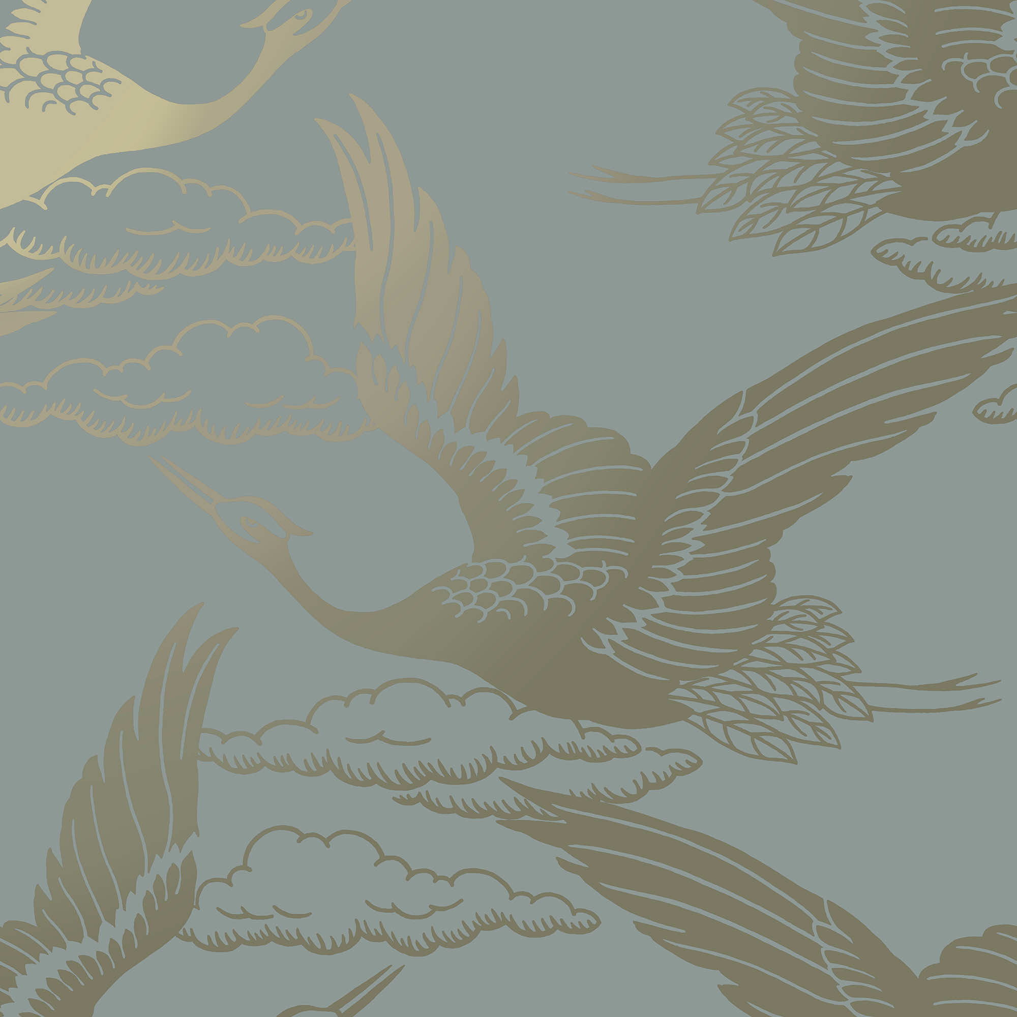 Image of Holden Decor Metallic Cranes Blue Wallpaper - 10.05m x 53cm