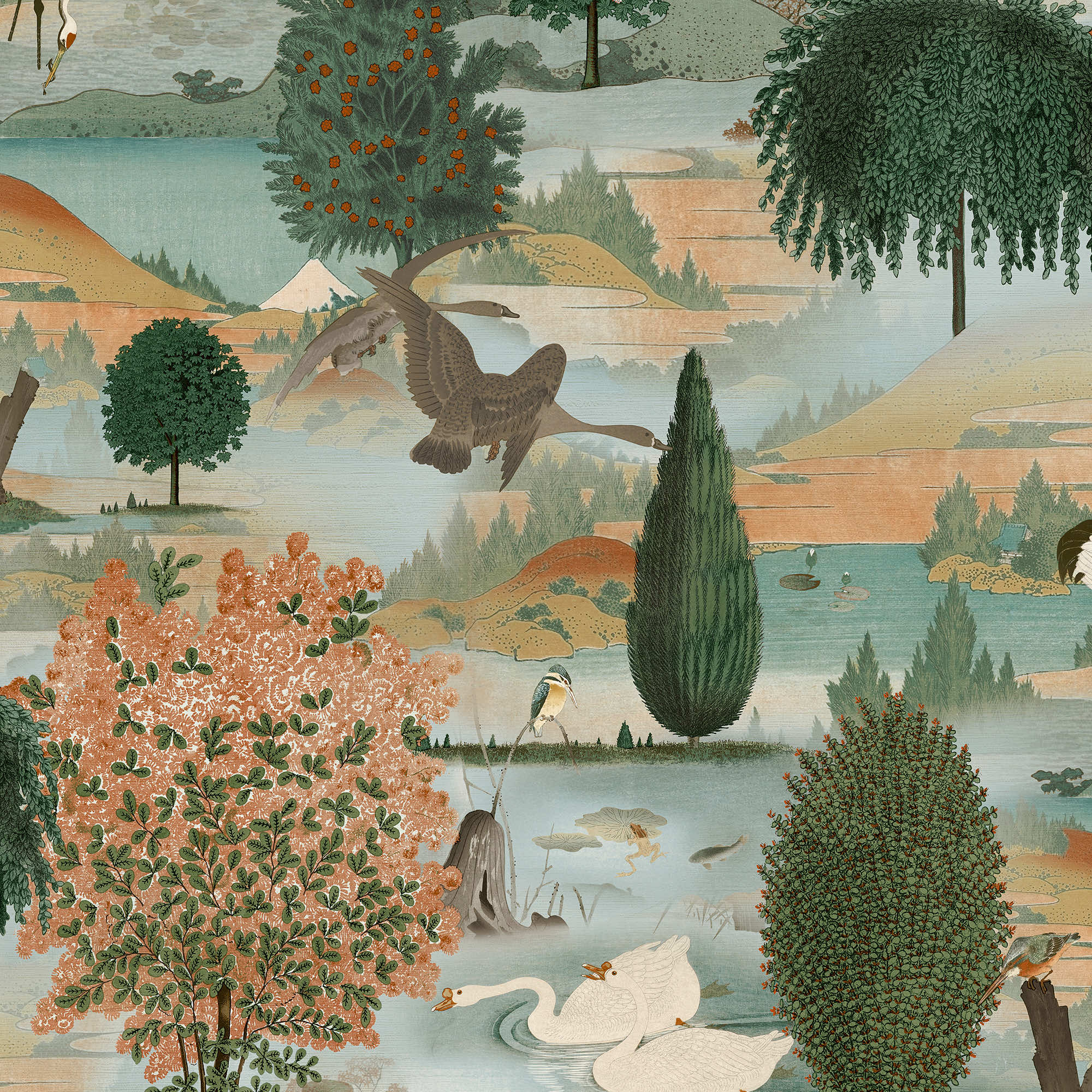 Image of Holden Decor Swan Lake Orange & Green Wallpaper - 10.05m x 53cm