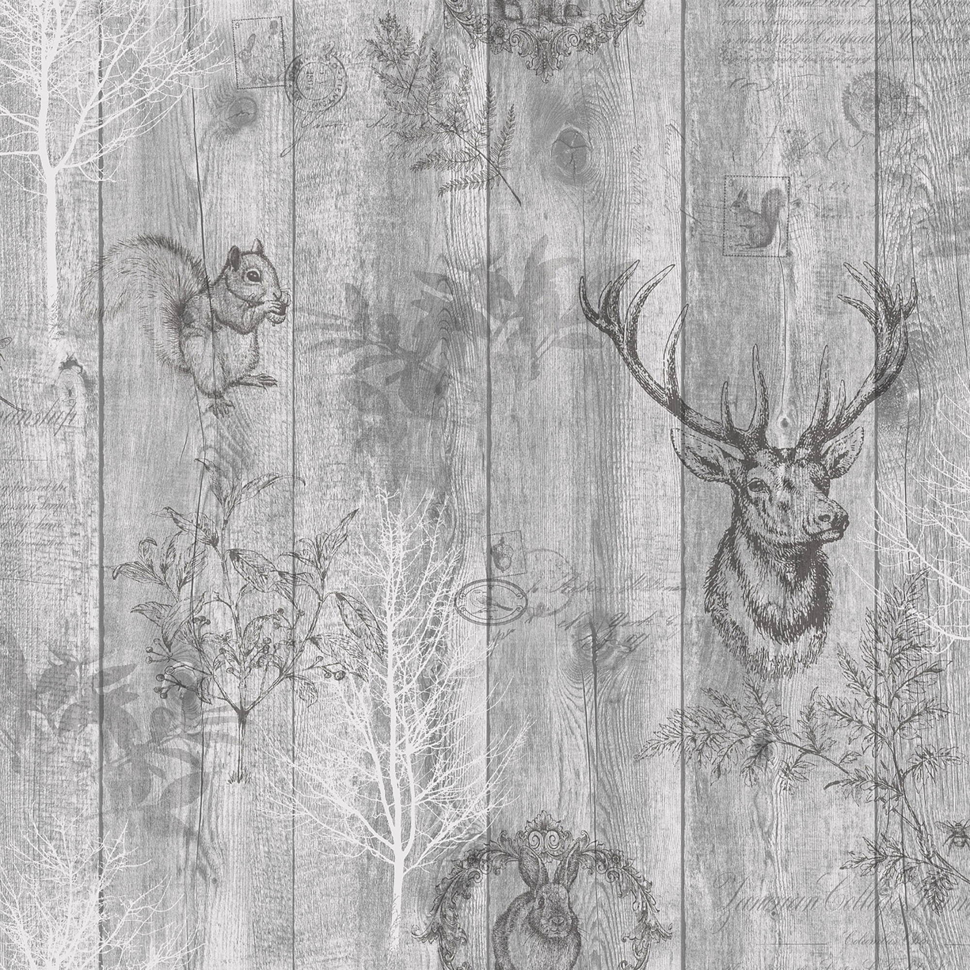 Image of Holden Decor Stag Wood Panel Grey Wallpaper - 10.05m x 53cm