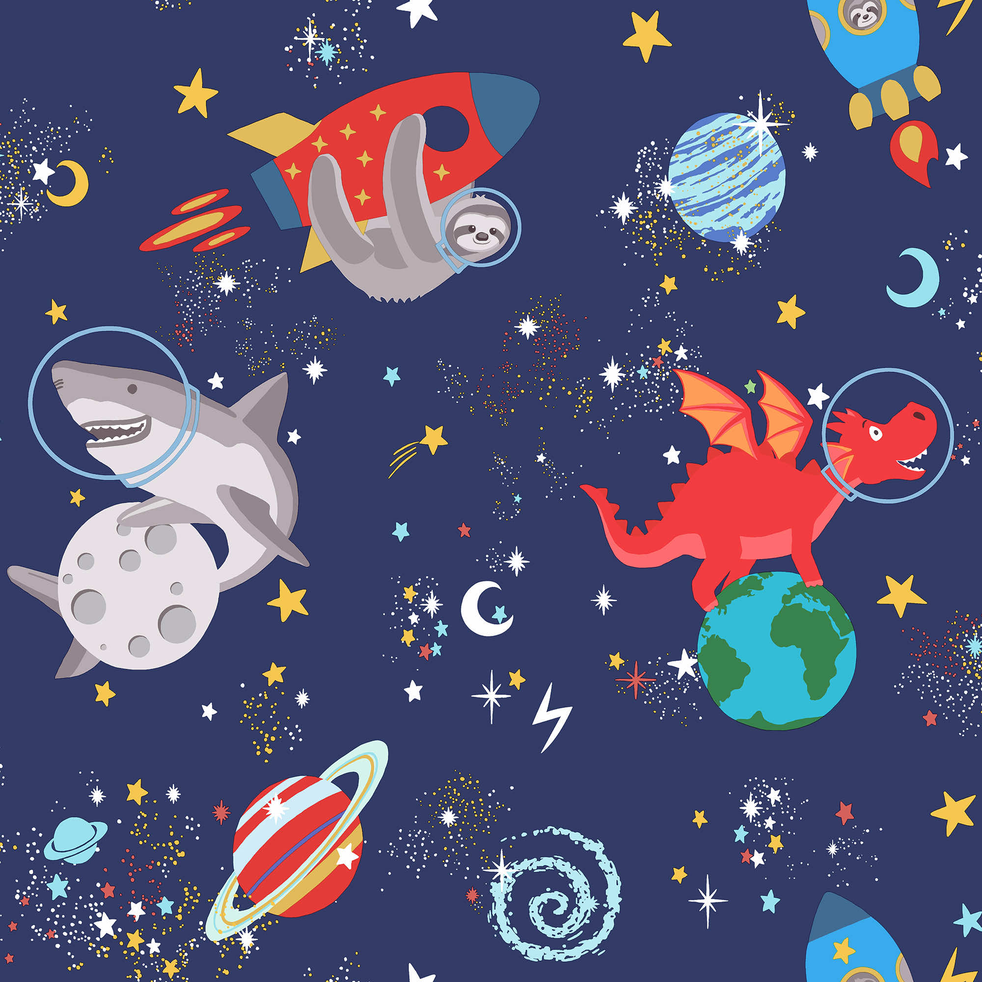 Image of Holden Decor Space Animals Navy Wallpaper - 10.05m x 53cm
