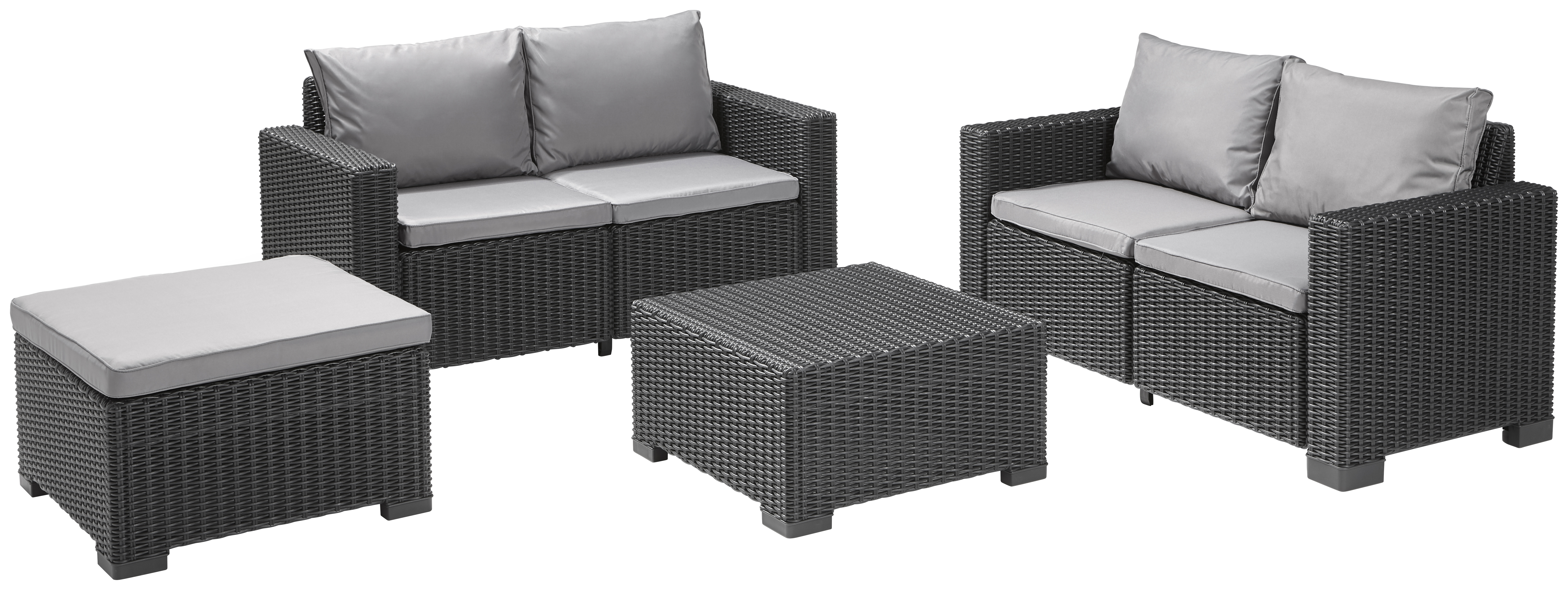 Keter California 5 Seater with 2 x 2 seater sofa's and a square foot stool Outdoor Garden Furniture Lounge Set  - Graphite with Grey Cushions