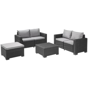 Keter California 5 Seater with 2 x 2 seater sofa's and a square foot stool Outdoor Garden Furniture Lounge Set - Graphite with Grey Cushions