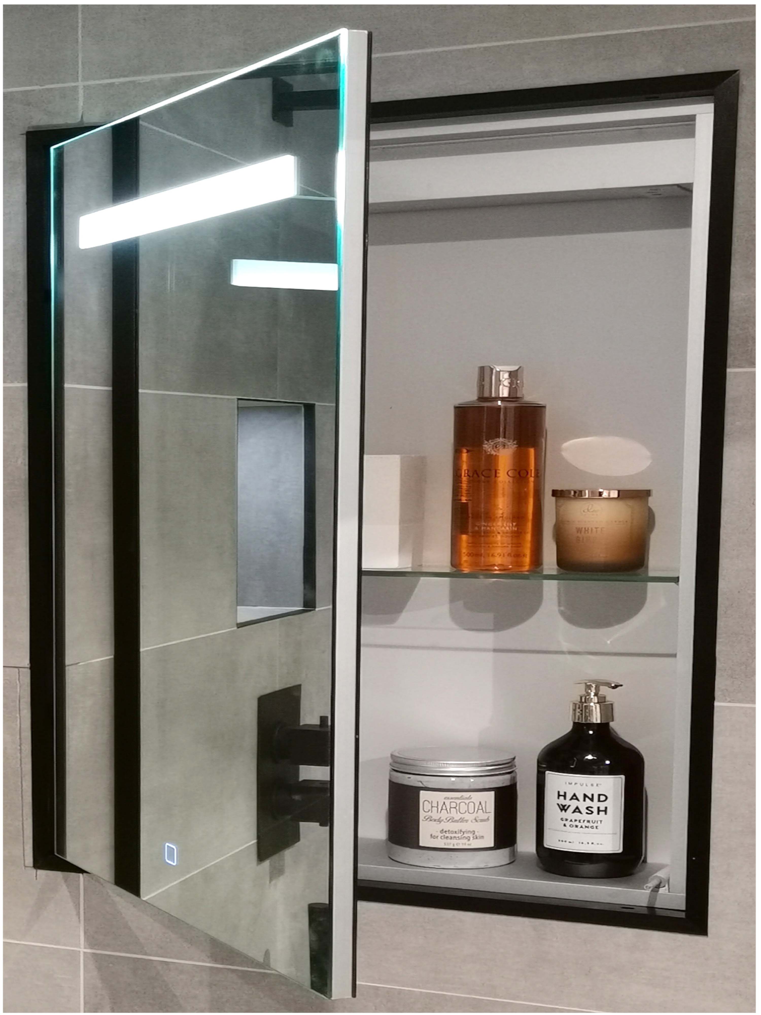 Black recessed medicine store cabinet with mirror