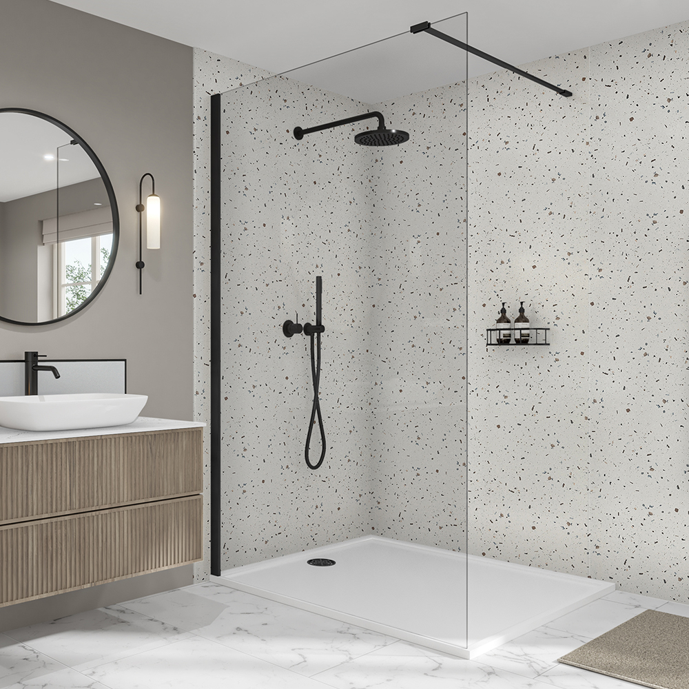 Mermaid Elite Terrazzo Post Formed Finished Edge 10mm Single Shower Panel - 2420 x 1200mm