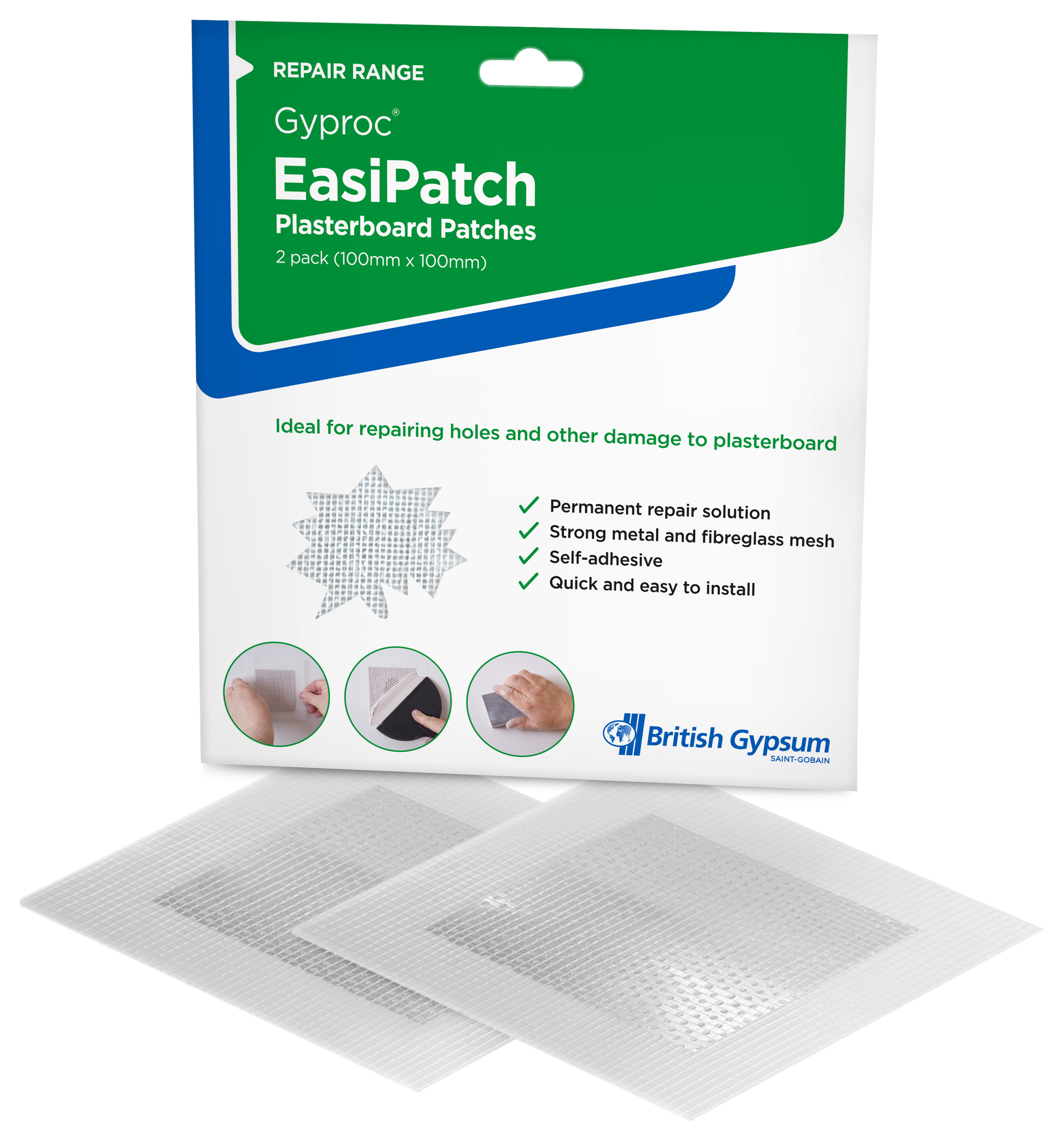 Image of Gyproc EasiPatch Plasterboard Patches - 100 x 100mm - Pack of 2