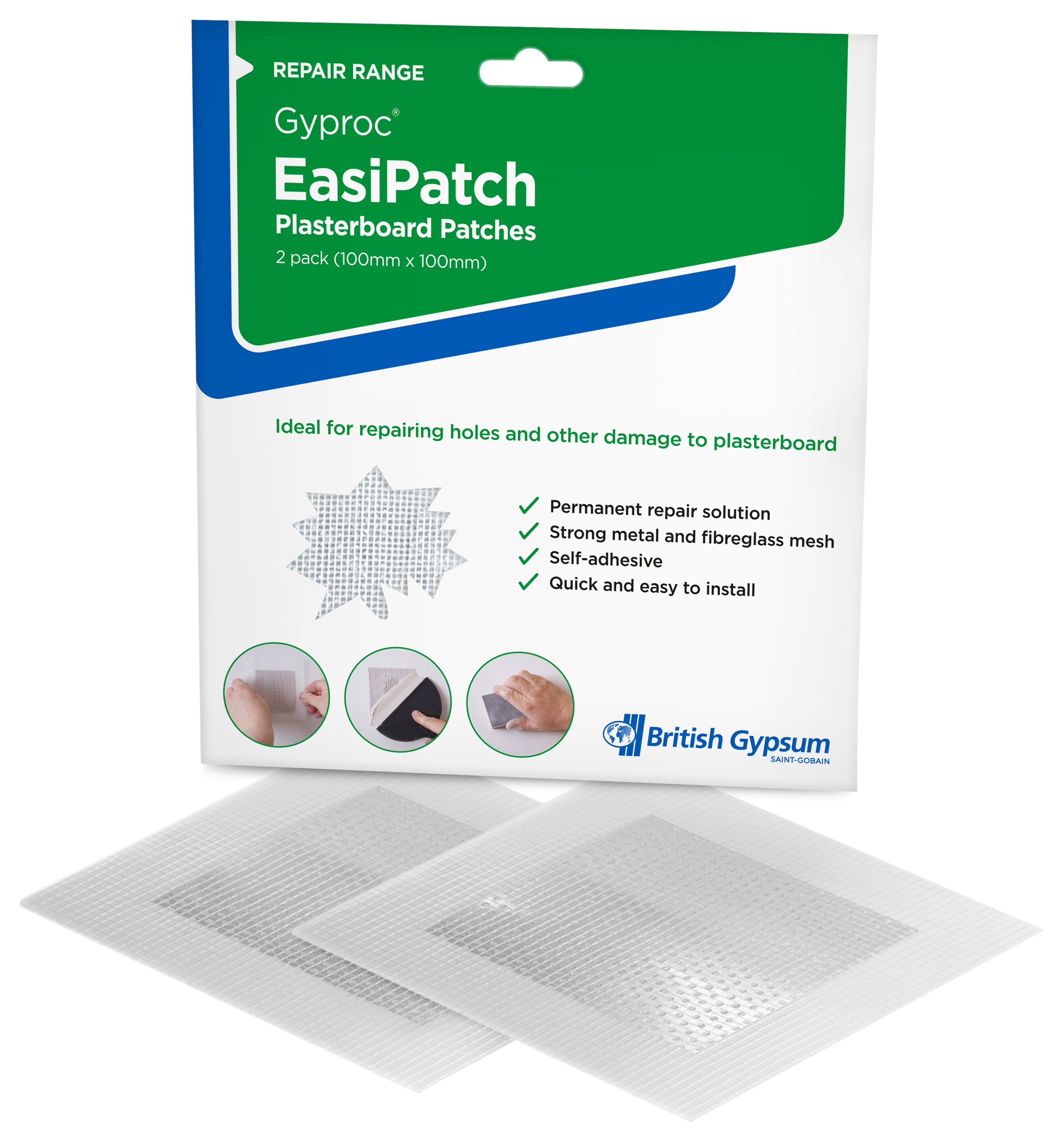 Gyproc EasiPatch Plasterboard Patches - 100 x 100mm - Pack of 2