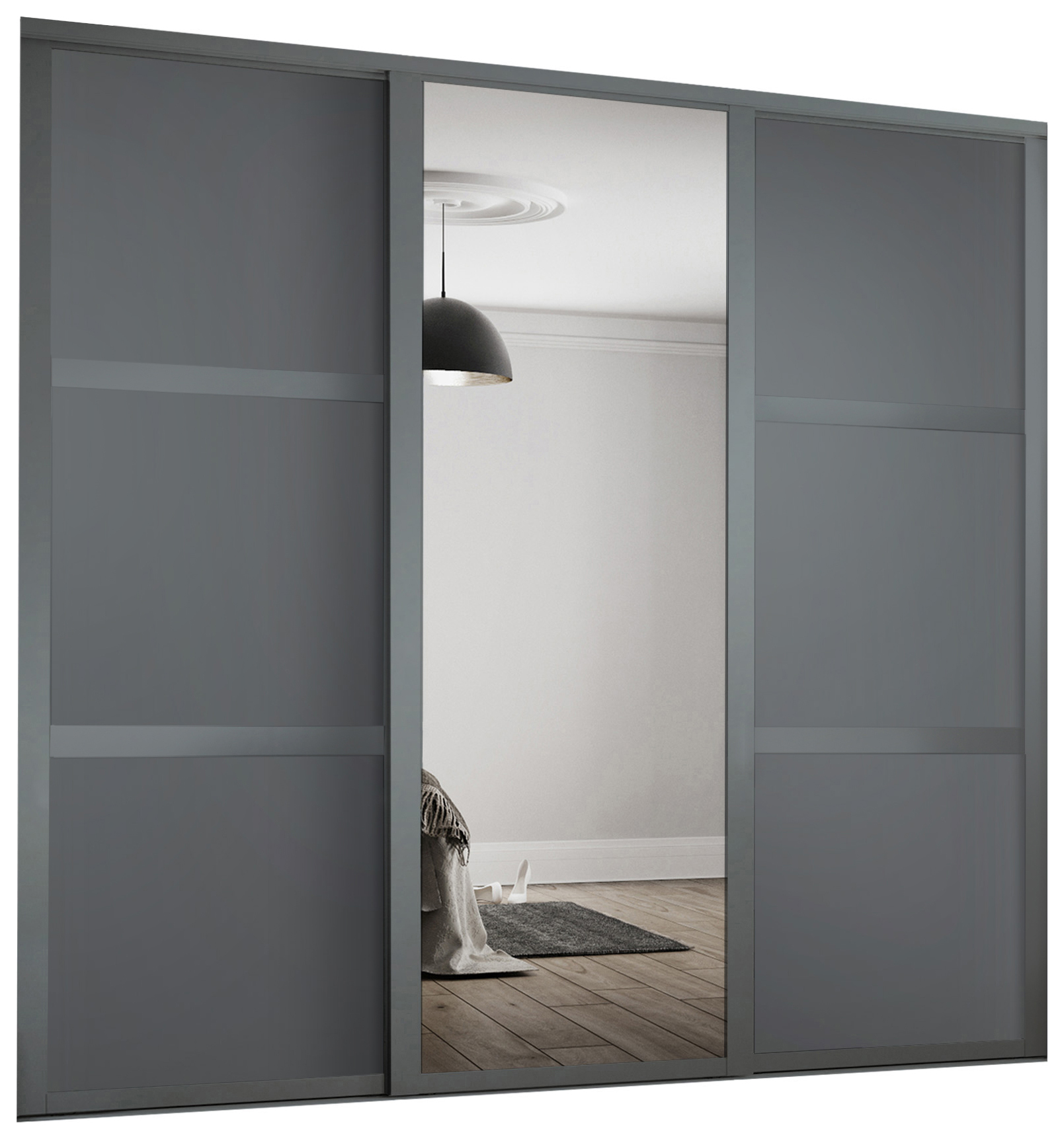 Spacepro Shaker Graphite 3 Panel Door & Silver Mirror Kit with Colour Matched Track - 2 x 914mm